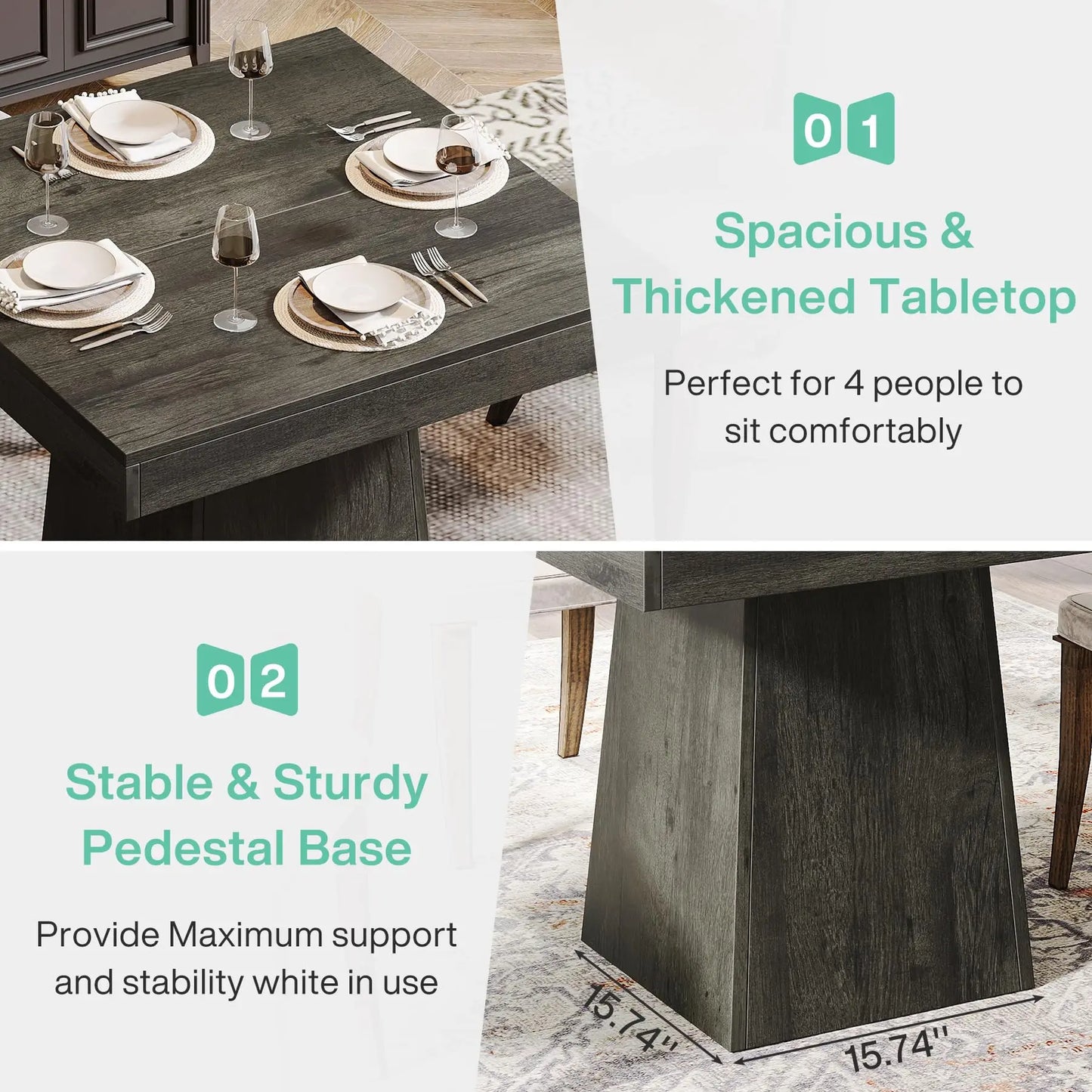 Tribesigns Square Dining Table for 4, Kitchen Table Sturdy Pedestal Base, Farmhouse Dining Roo