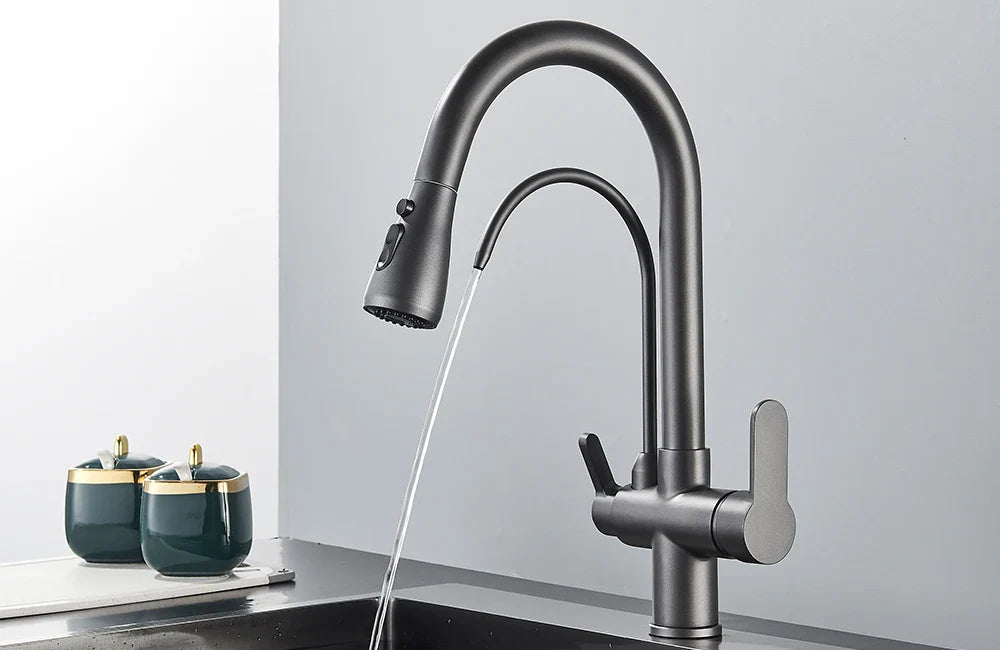 Quyanre Matte Black Filtered Crane For Kitchen Pull Out Spray 360 Rotation Water Sink Mixer Kitchen Faucet