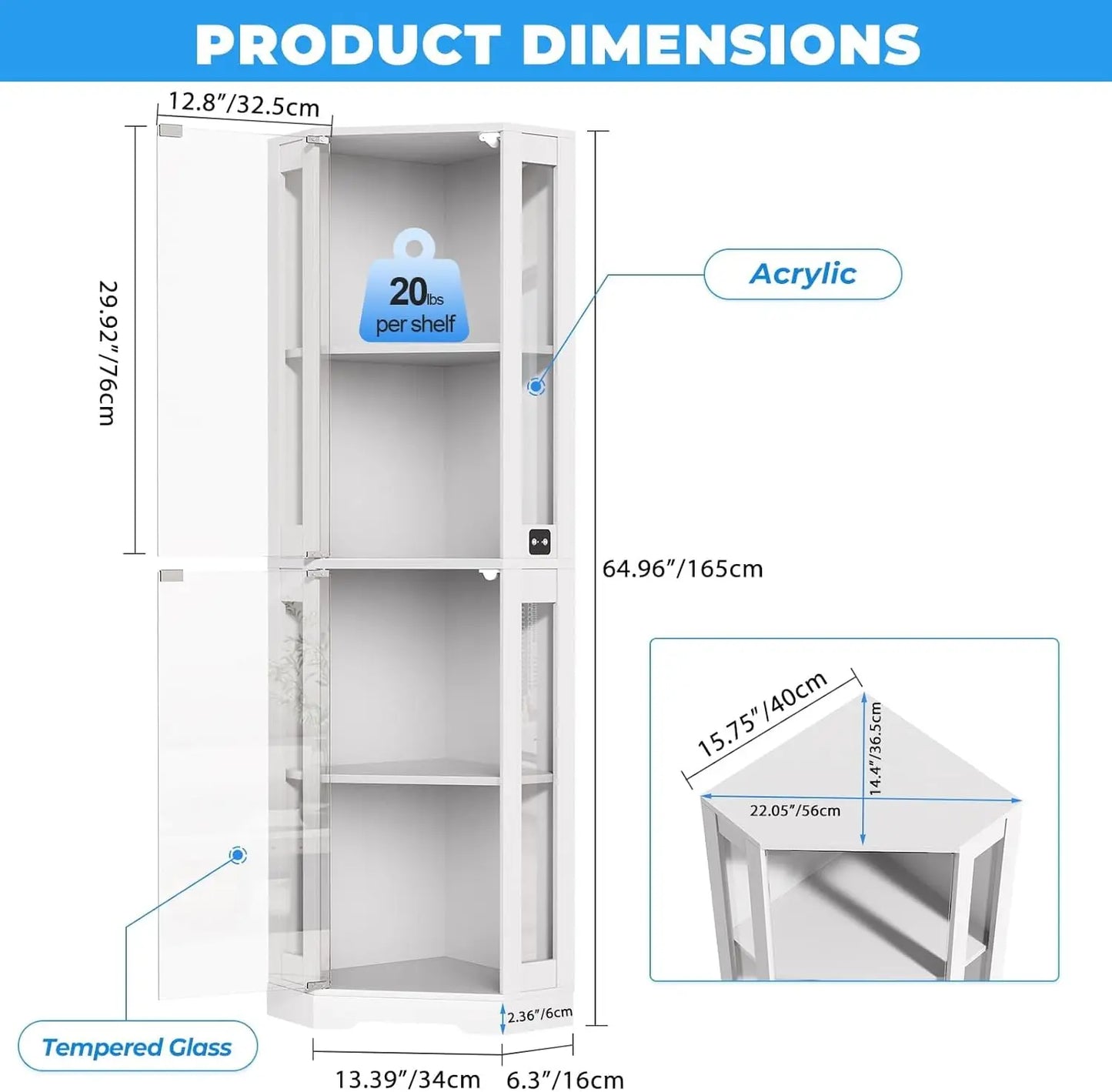 65" Corner Glass Display Cabinet with LED Lights & Motion Sensor, 4-Tier Showcase for Collectibles Figures Liquor
