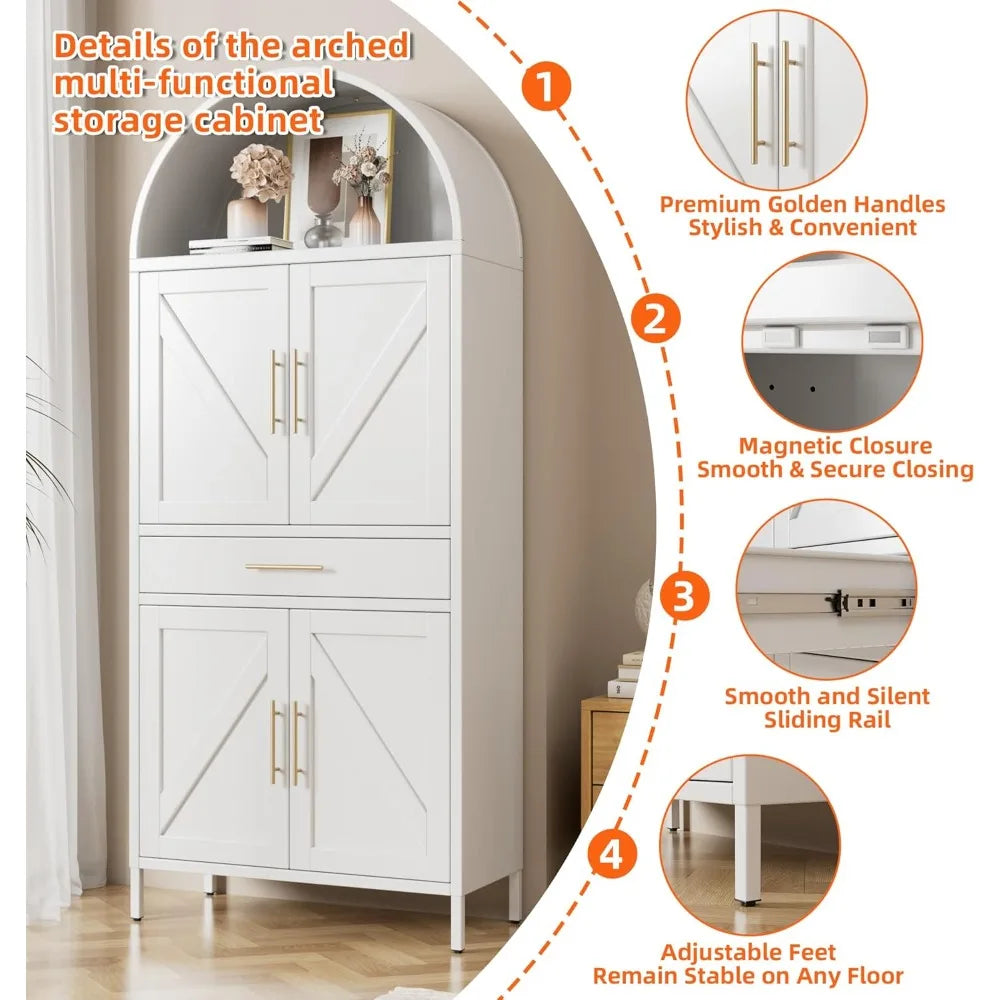 73" White Arched Pantry Cabinet with Drawer, Adjustable Shelves for Kitchen Living Room Storage