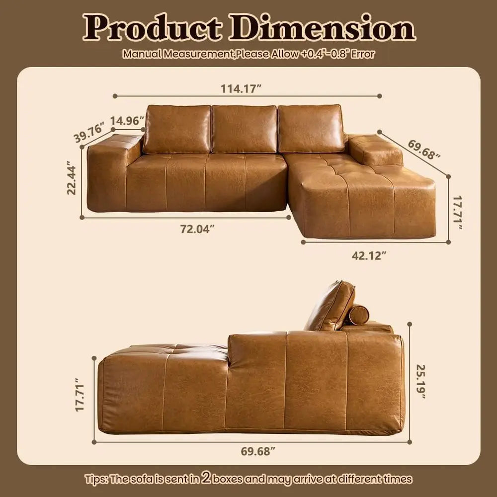 Elegant Living Room Set with Deep Seated, Comfortable Sofas in Brown Leather, No Assembly Needed