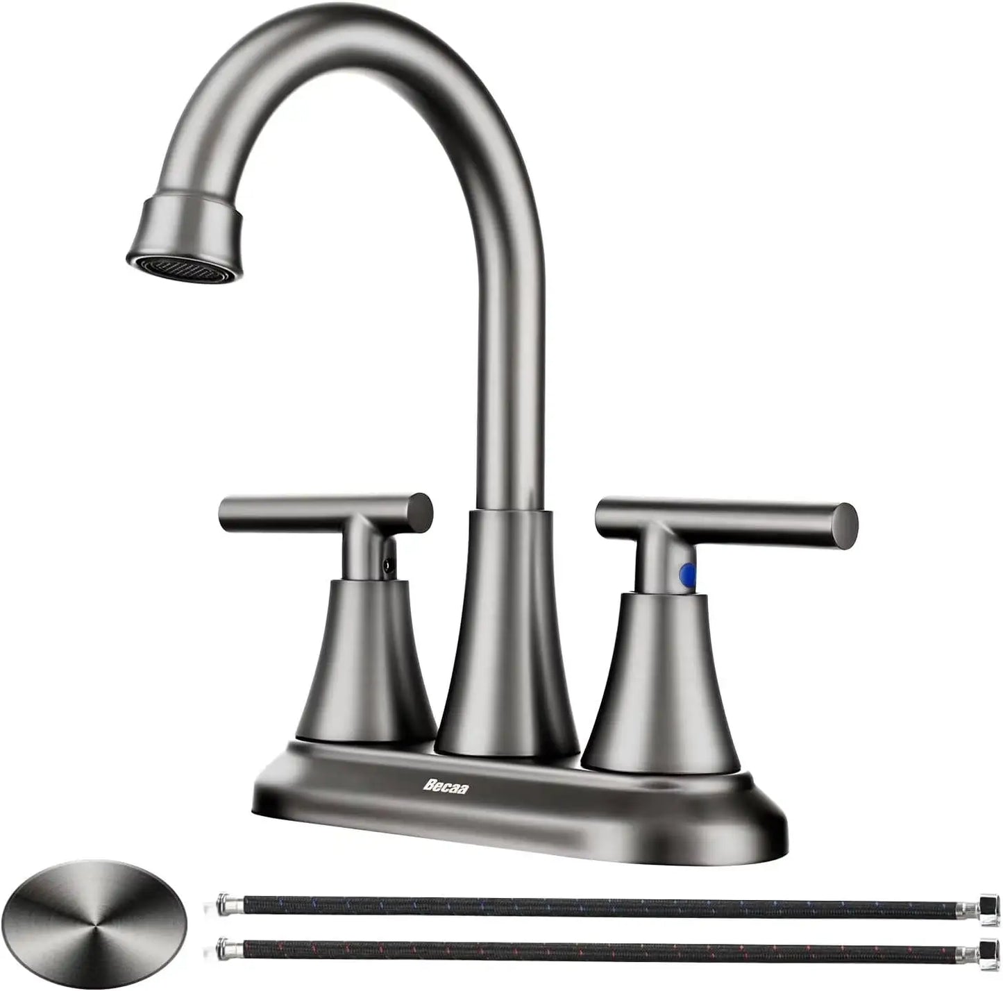 4 Inch Faucets 3 Hole, Bathroom Sink With Pop-Up Drain & Supply Hoses, 2-Handle 360 Swivel Spout Stainless Steel