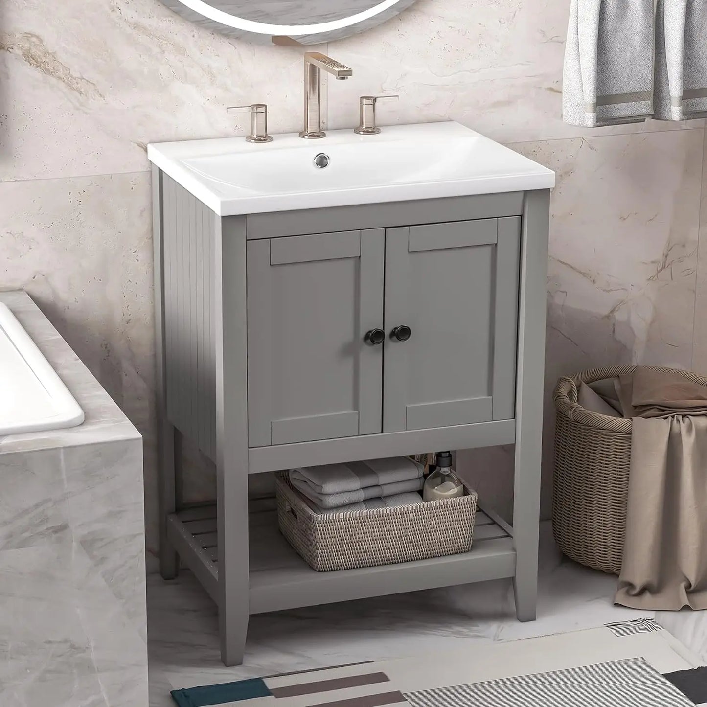 24 Inch Bathroom Vanity Sink Cabinet Solid Wood Door Open Shelf