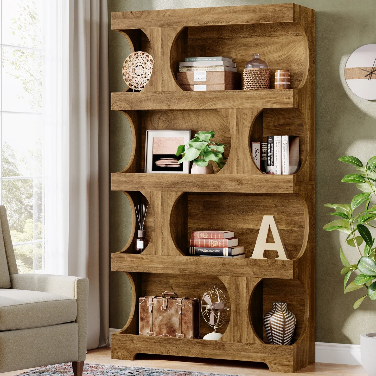 Tribesigns 71" Tall Bookcase, 4-Tier S-Shaped Bookshelf, Wood Modern Freestanding Display Shelves