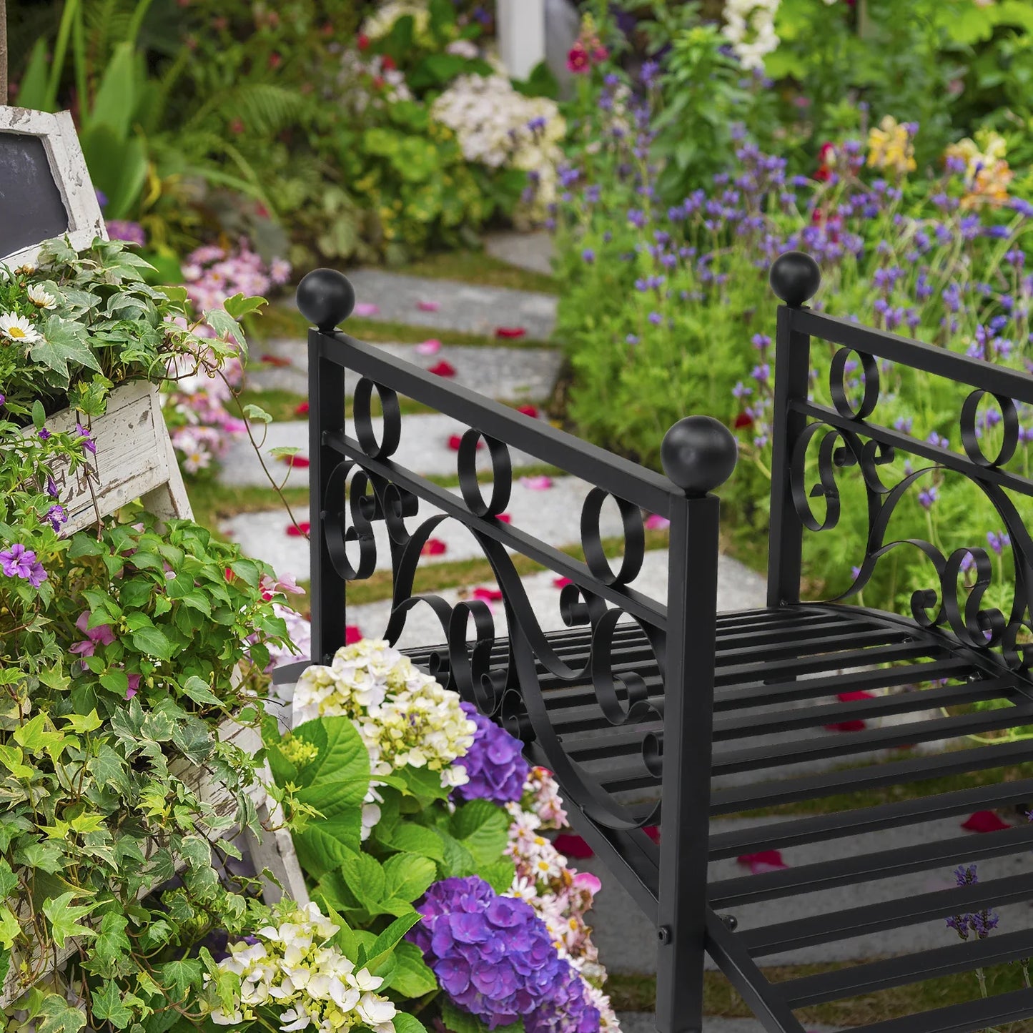 Garden iron bridge, with round iron ball flat-top handrails, black