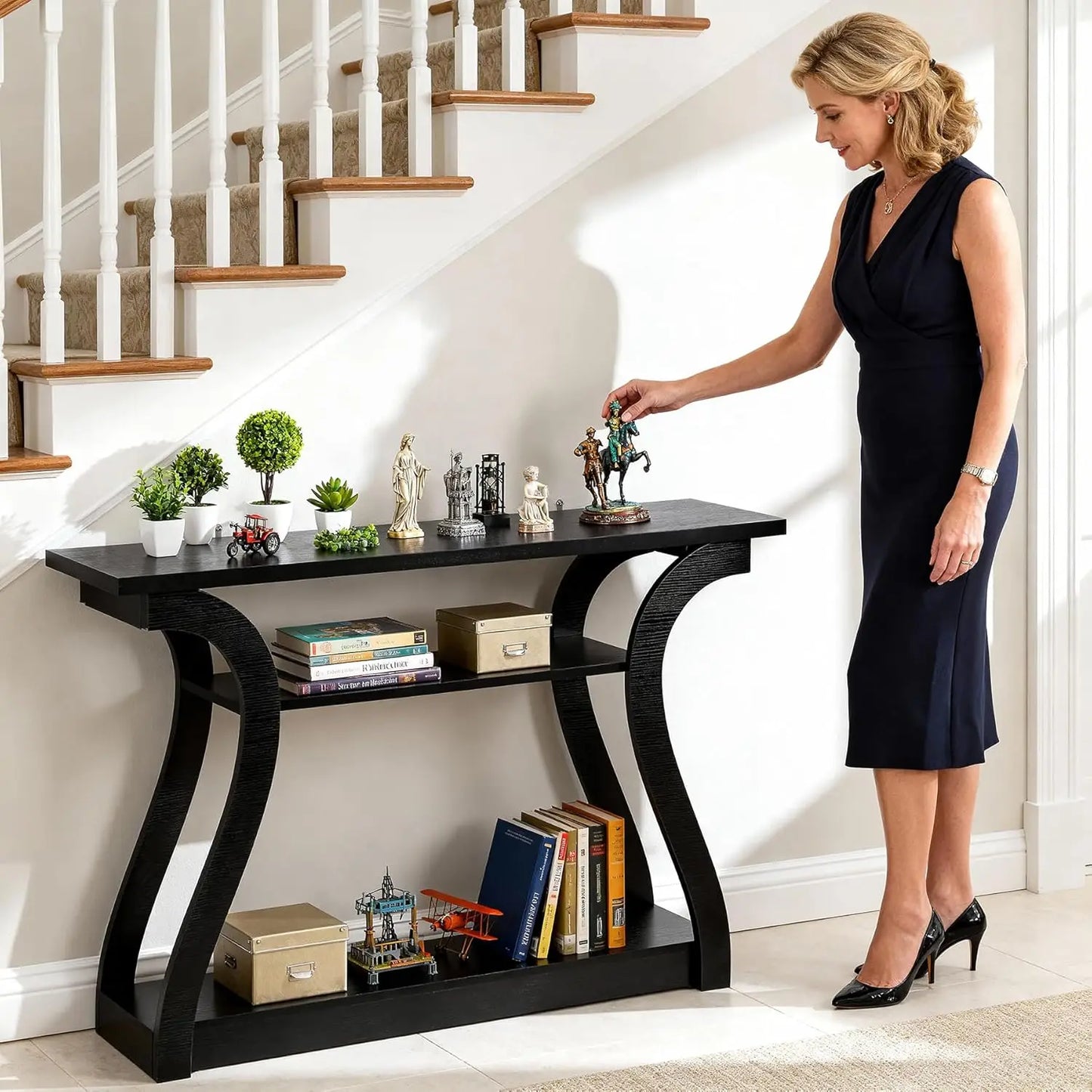 Wood Console Table 3 Tier Narrow Entryway Table with Curved Frame and 2 Open Storage Shelves