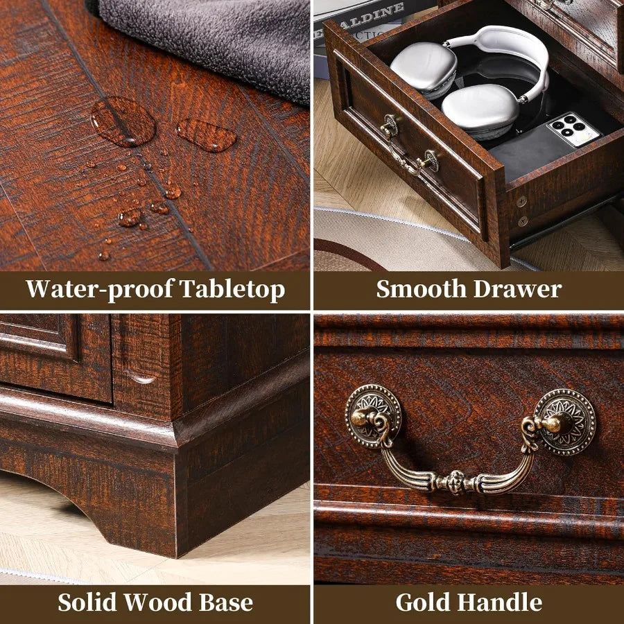 Nightstand with Charging Station Wooden Bedside Table with 3 Drawers  Small Spaces 1 Dark Brown
