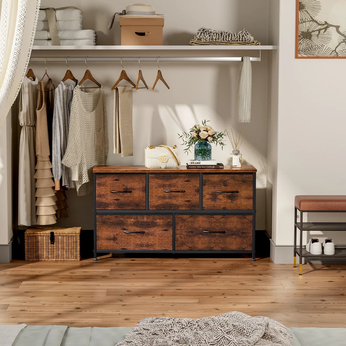 JHK Living Room Display Cabinet Layers With 5 Fabric Drawers  Clothes Storage Dresser