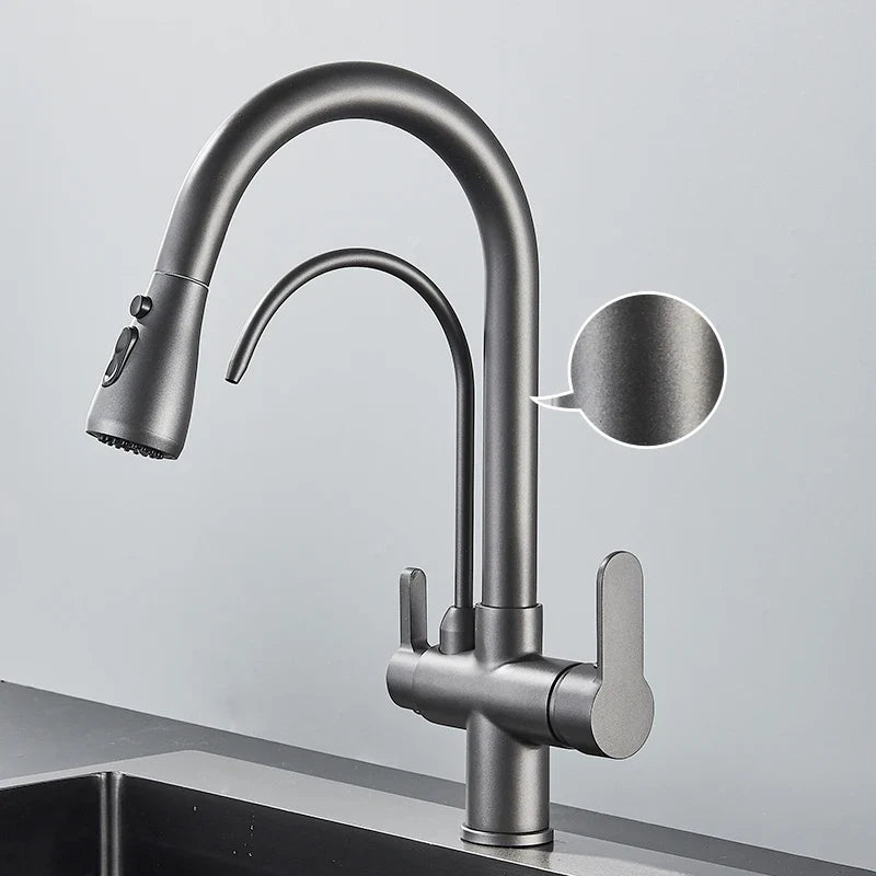 Quyanre Matte Black Filtered Crane For Kitchen Pull Out Spray 360 Rotation Water Sink Mixer Kitchen Faucet