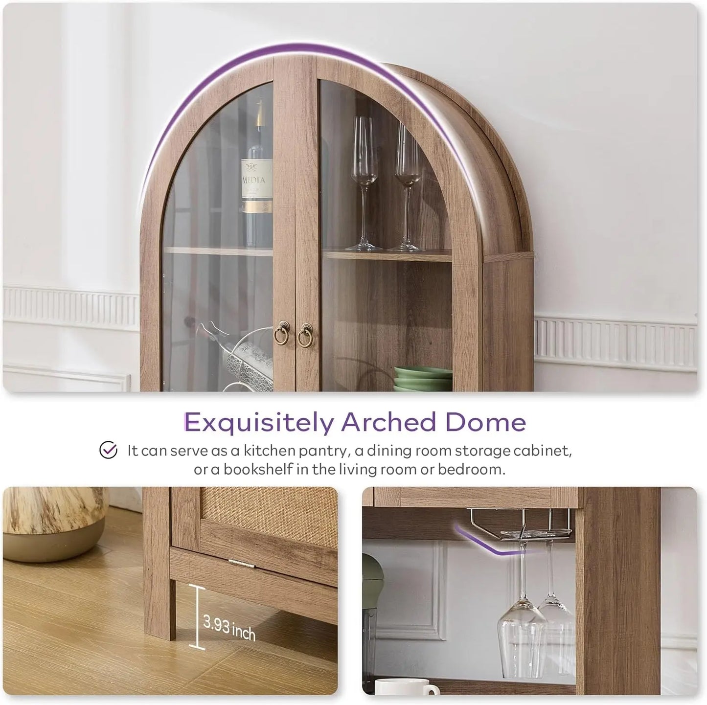 75" Arched Pantry Cabinet with Anti-Tipping Device, Glass Door & Open Storage for Kitchen Dining