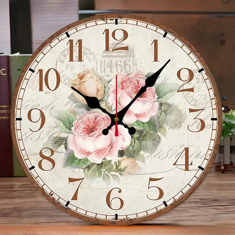 Antique Rose Wooden Round Silent Hanging Wall Clock,