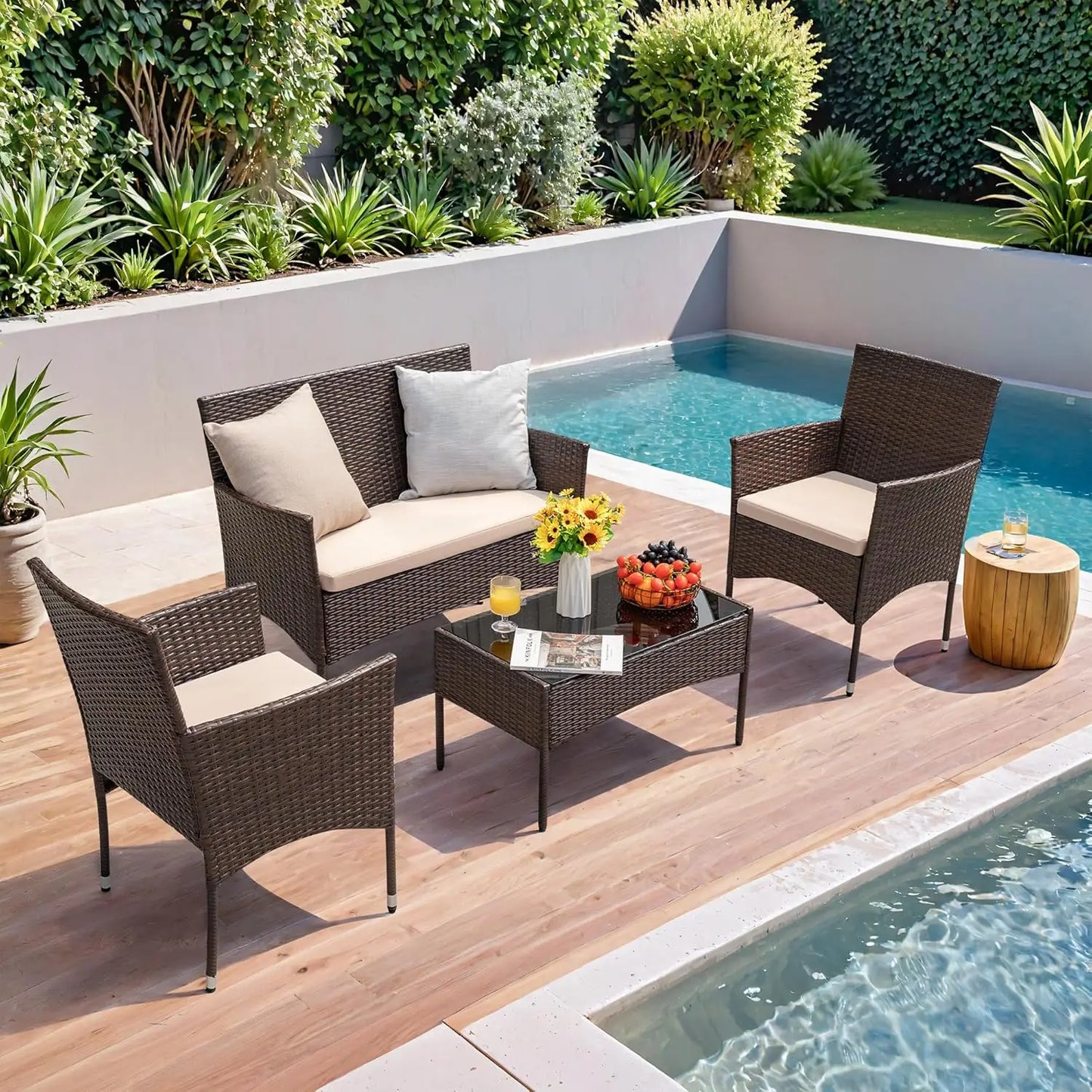 4 Pieces Outdoor Patio Furniture Sets Rattan Chair Wicker Set Backyard Porch