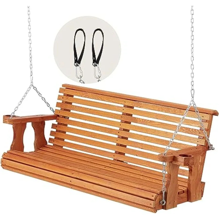 5.5FT Wooden Porch Swing  with Cup Holders Chains 880Lbs Weight Capacity  for Courtyard Gar