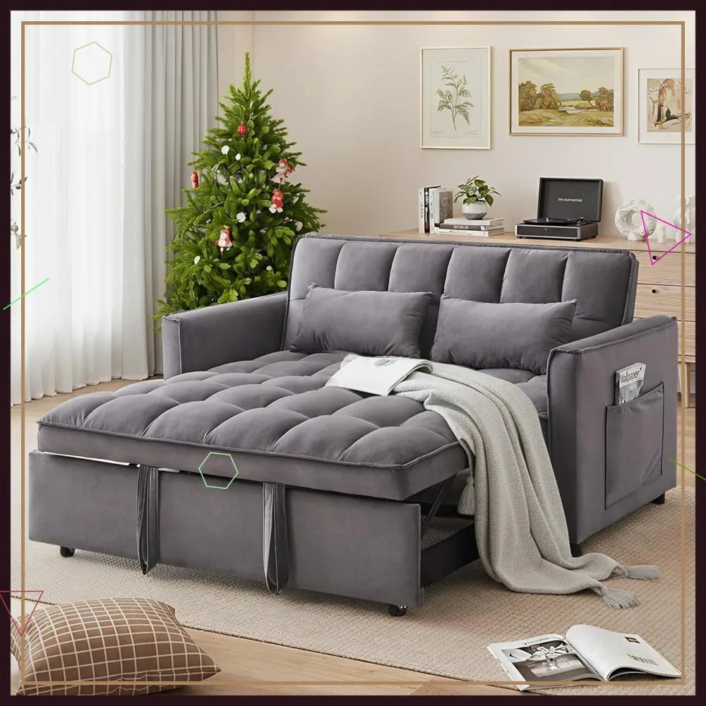 Convertible Sleeper Sofa Bed, 54'' Loveseat with Adjustable Backrest, Velvet Fabric,