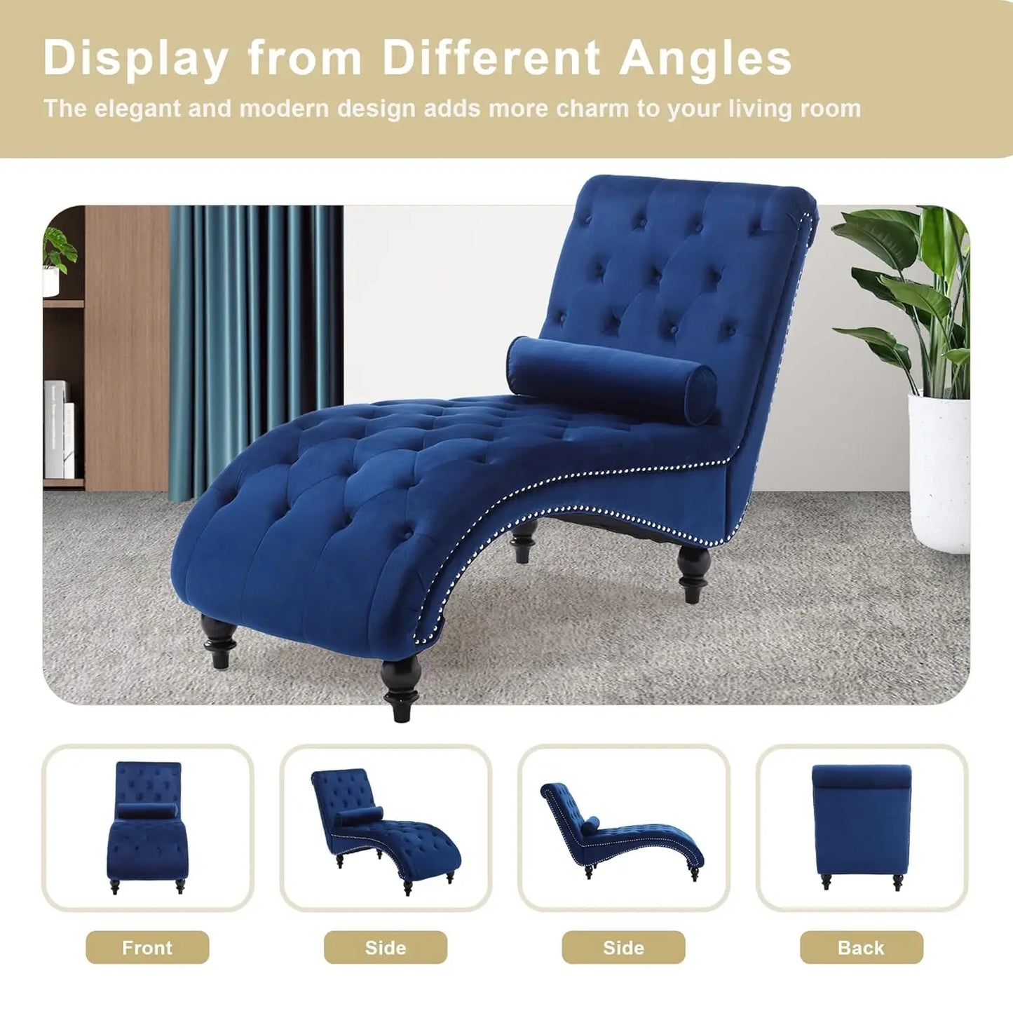 Velvet Chaise Lounge Indoor,Button-Tufted Upholstered with Pillow for Bedroom Living Room,