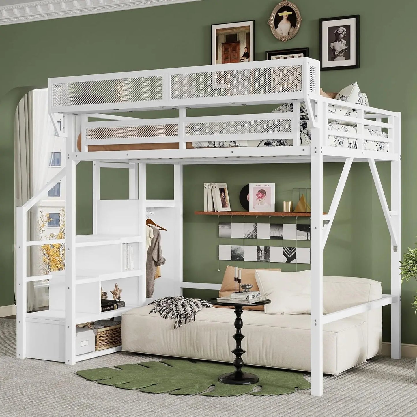 Full Size Loft Bed With Stairs And Storage, Metal Loft Bed Frame WithLarge Under-Bed Space