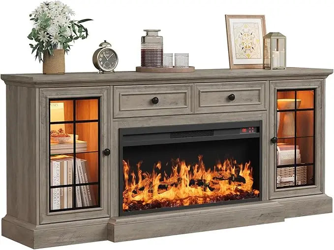 Modern 70 Farmhouse TV Stand with 36 LED Electric Fireplace, Storage Cabinet & Drawer for 80 TVs