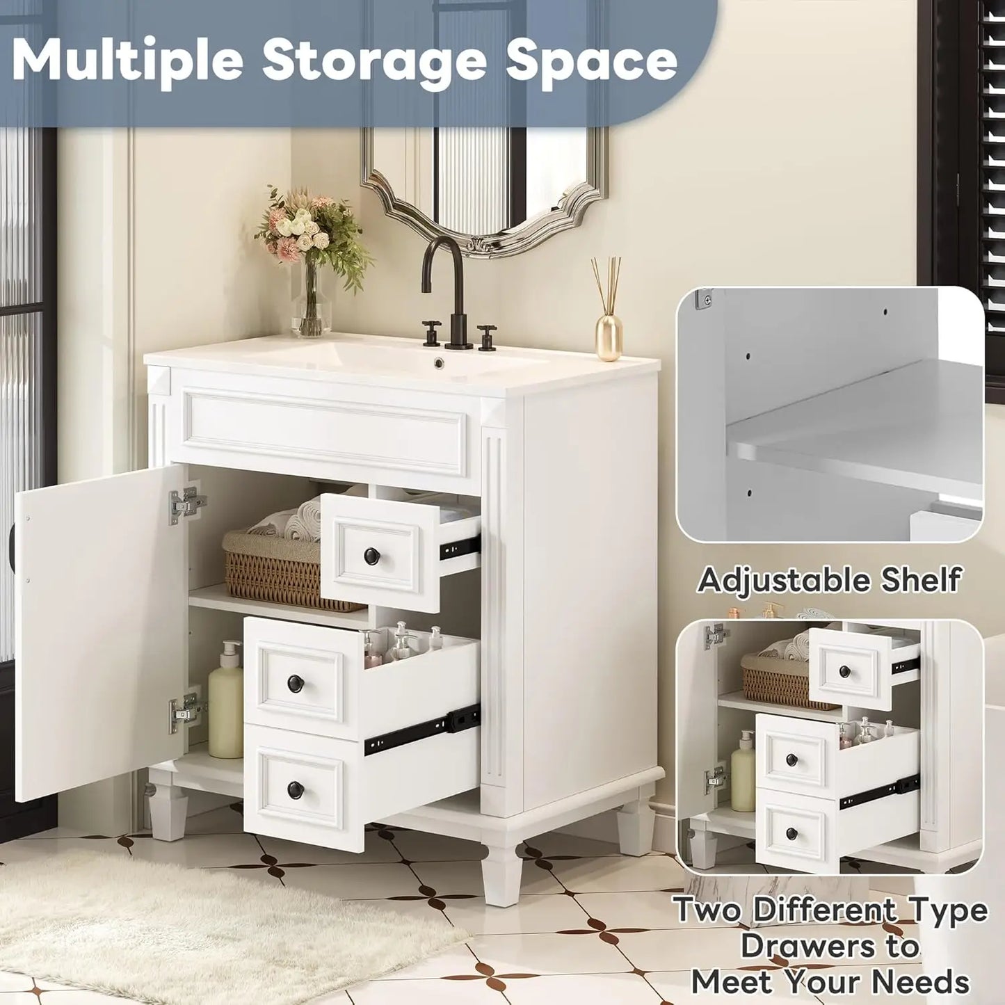 30" Bathroom Vanity with Sink Modern Storage Cabinet Single Door Two Drawers Solid Wood Frame