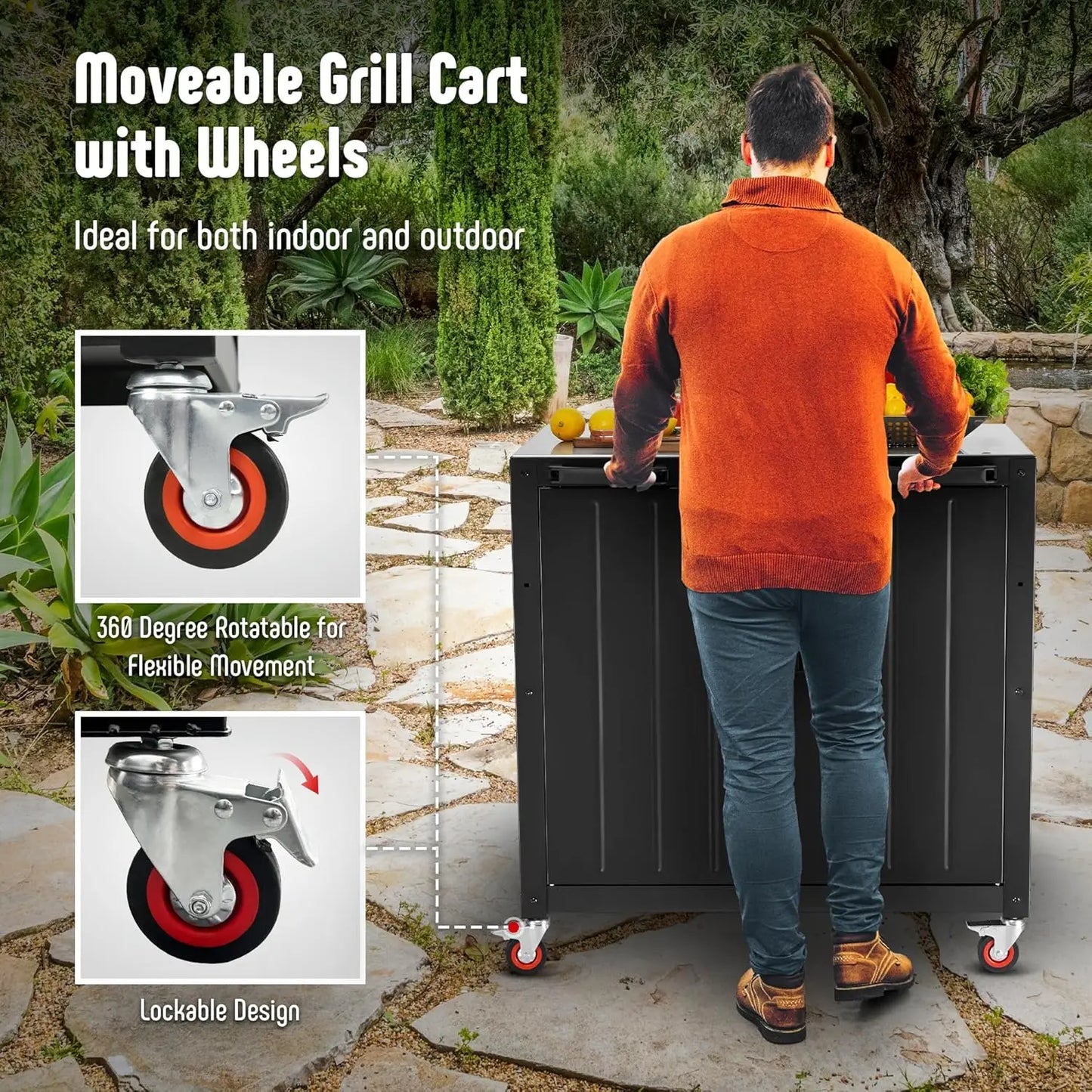 Outdoor Grill Cart with Storage Cabinet and Stainless Steel Top,  Grill Station with Door,