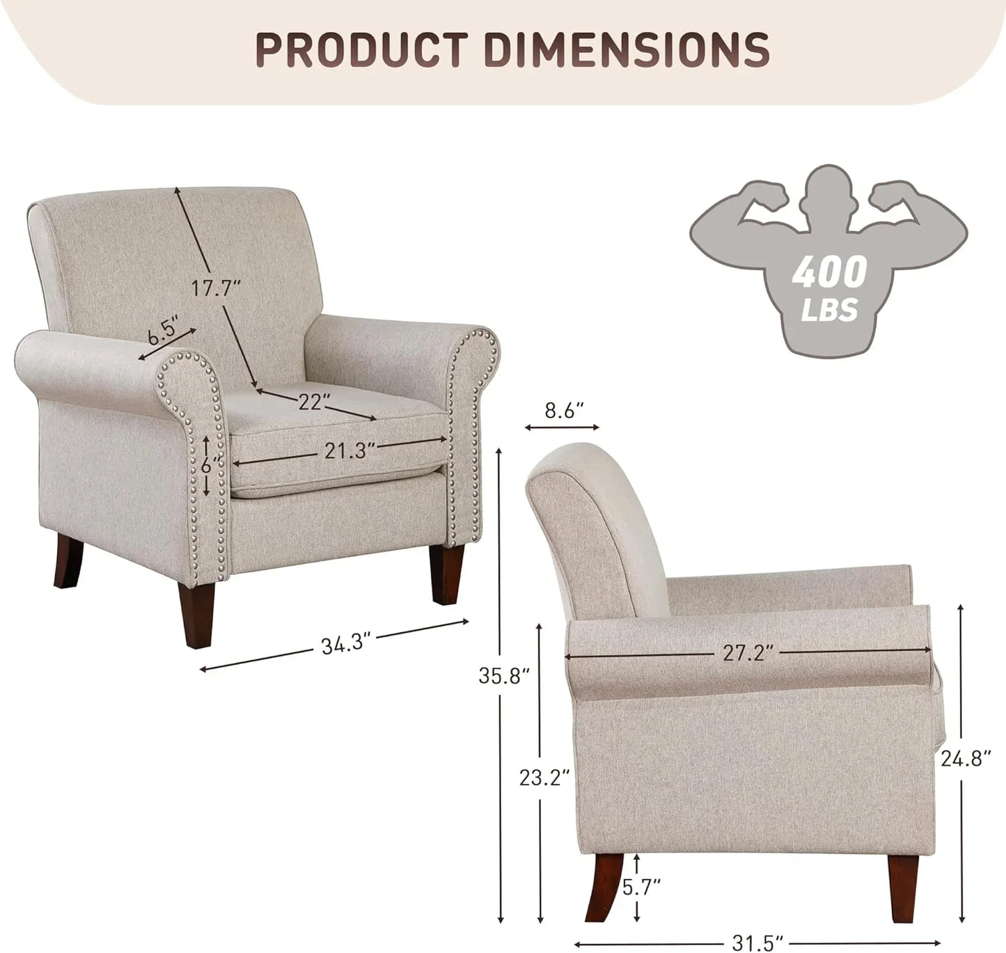 Upholstered Living Room Chair Set of 2 - Large Comfy Fabric Accent Chair
