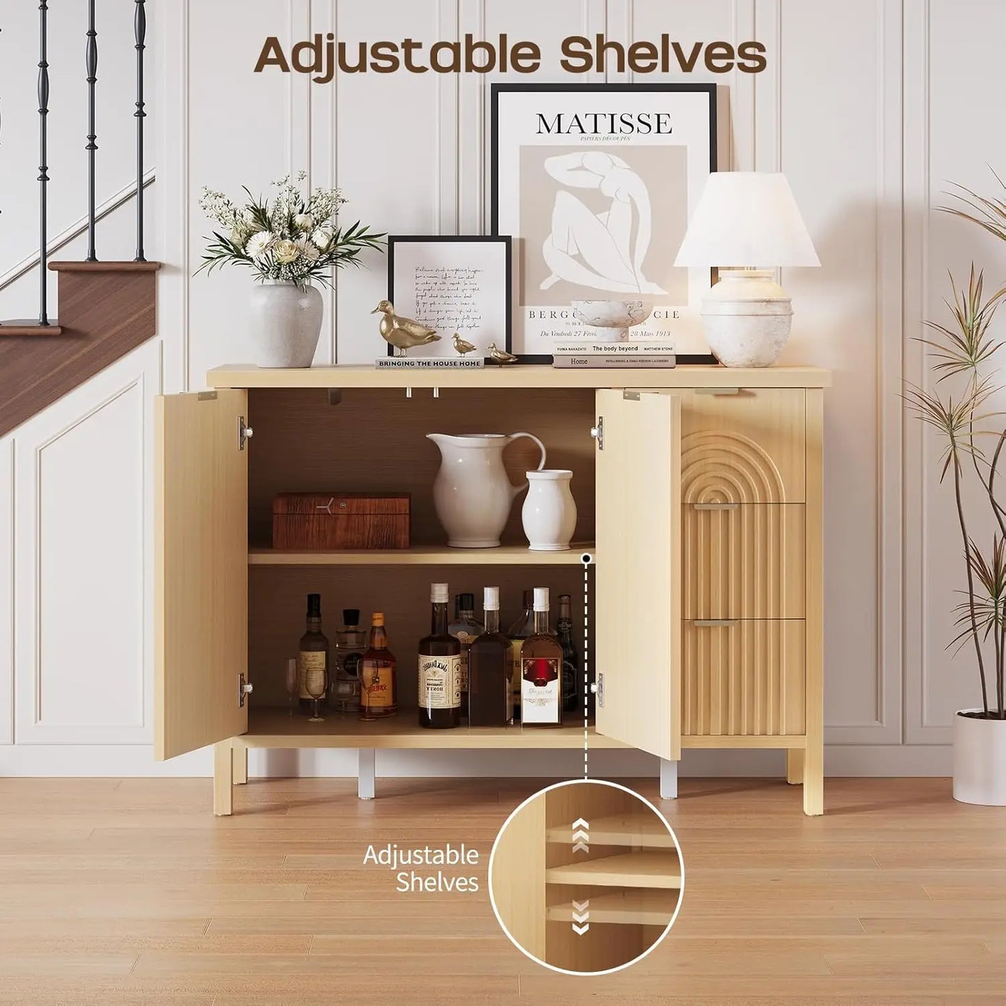 Sideboard Buffet Cabinet with Storage - Accent  Cabinets with Drawers & Doors, Fluted Kitchen Credenza