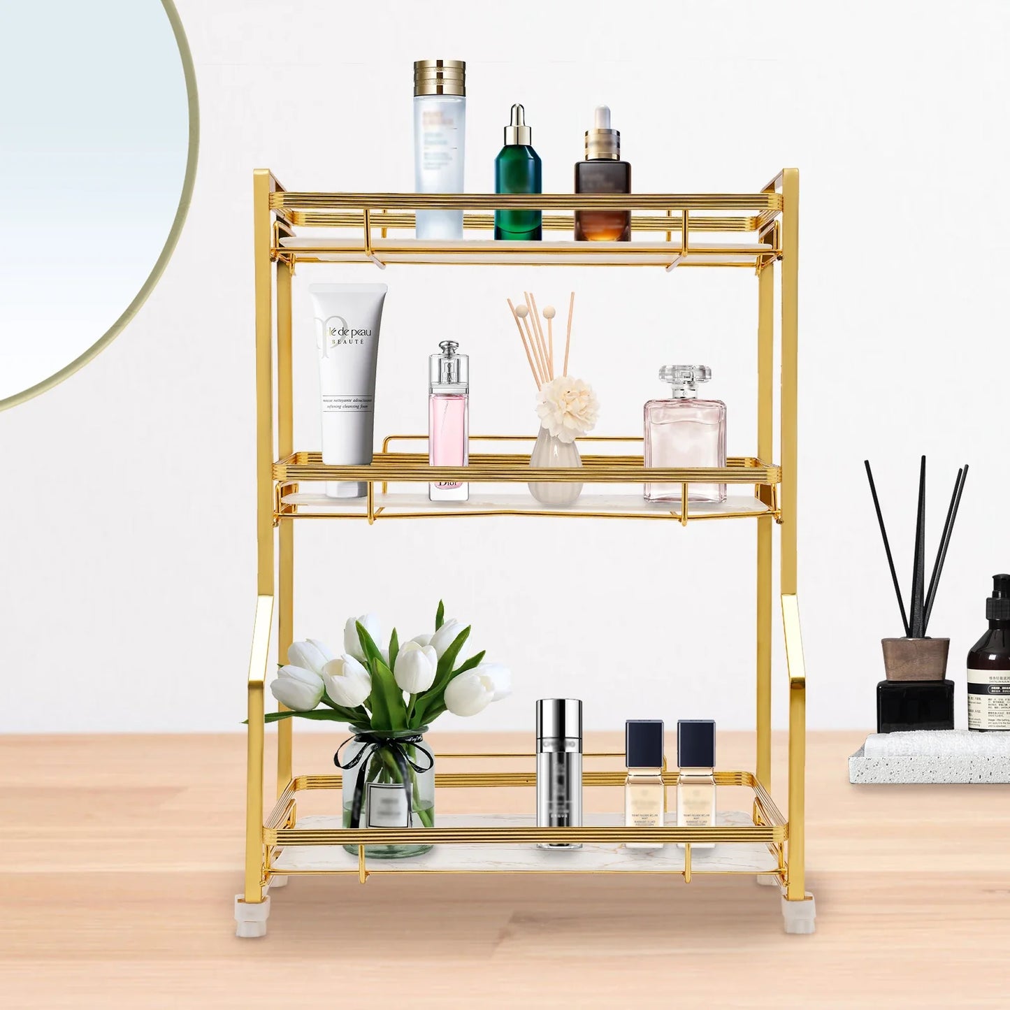 3 Tier Bathroom Countertop Organizer, with Small Storage Basket for Skincare Makeup
