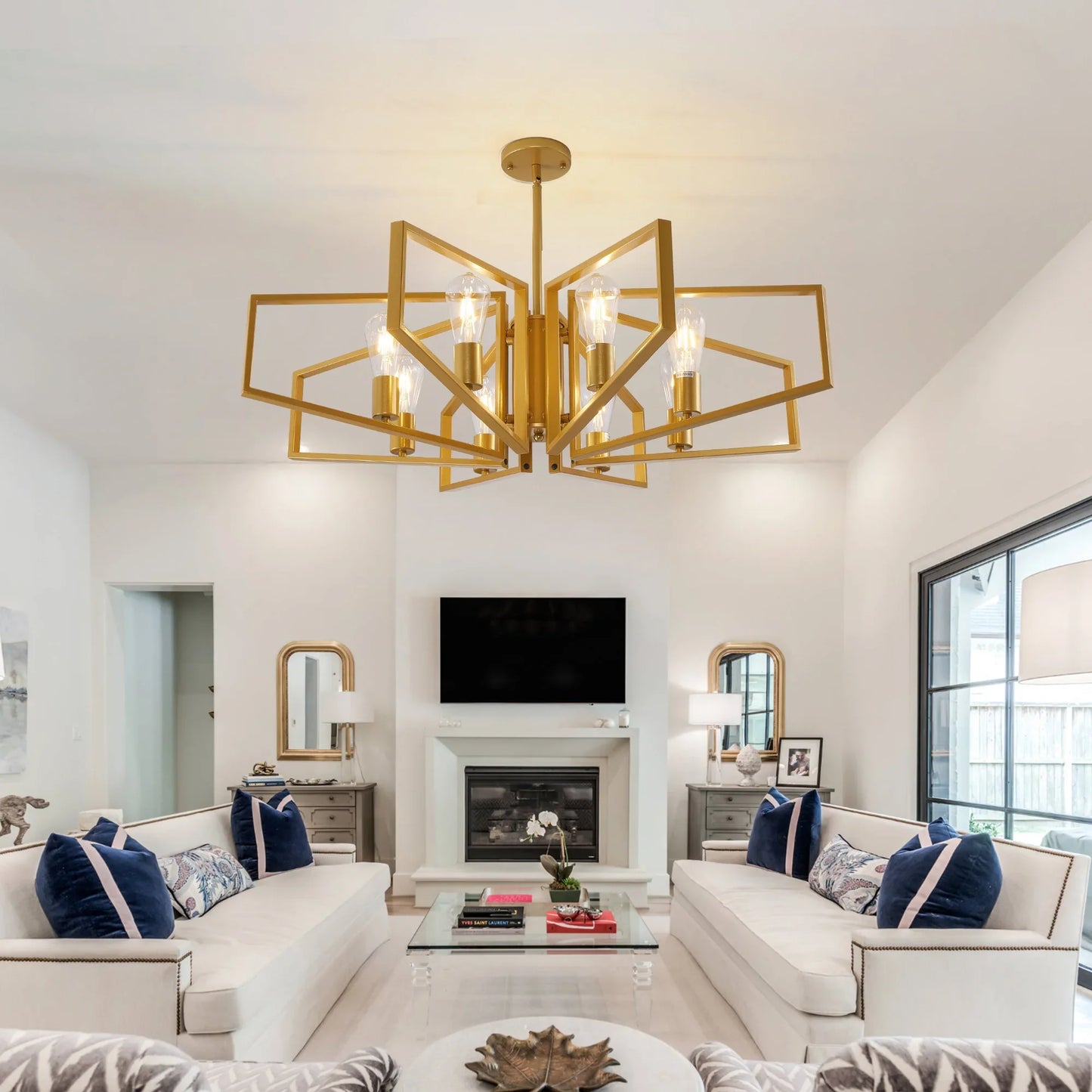 Modern 8-Light Geometric Chandelier Adjustable Height  Light with Black Frame & Golden Accents