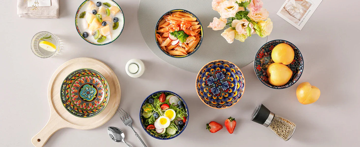 Bohemian Ceramic Bowl Set of 6 (28 Oz) - Colorful Soup, Cereal, Pasta, Salad, Fruit Bowls