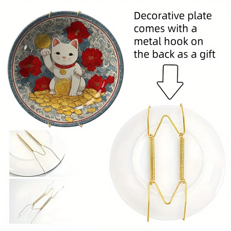 2D Flat, 8-Inch Round Plate  Decorative Ceramic Lucky Cat  1pc White Design