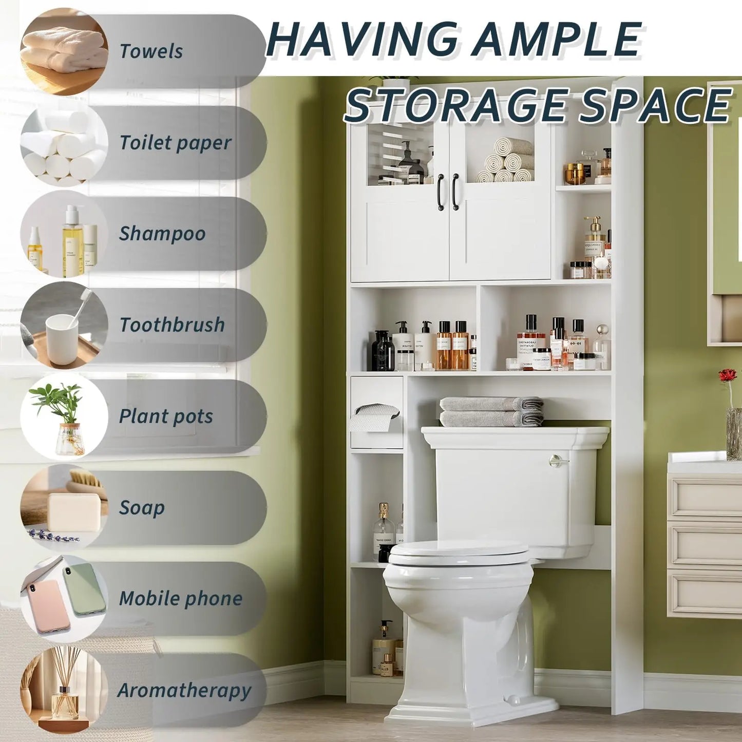Over Toilet Storage Cabinet With Glass Door, 67.4" Adjustable Bathroom Organizer, Freestanding Cabinet