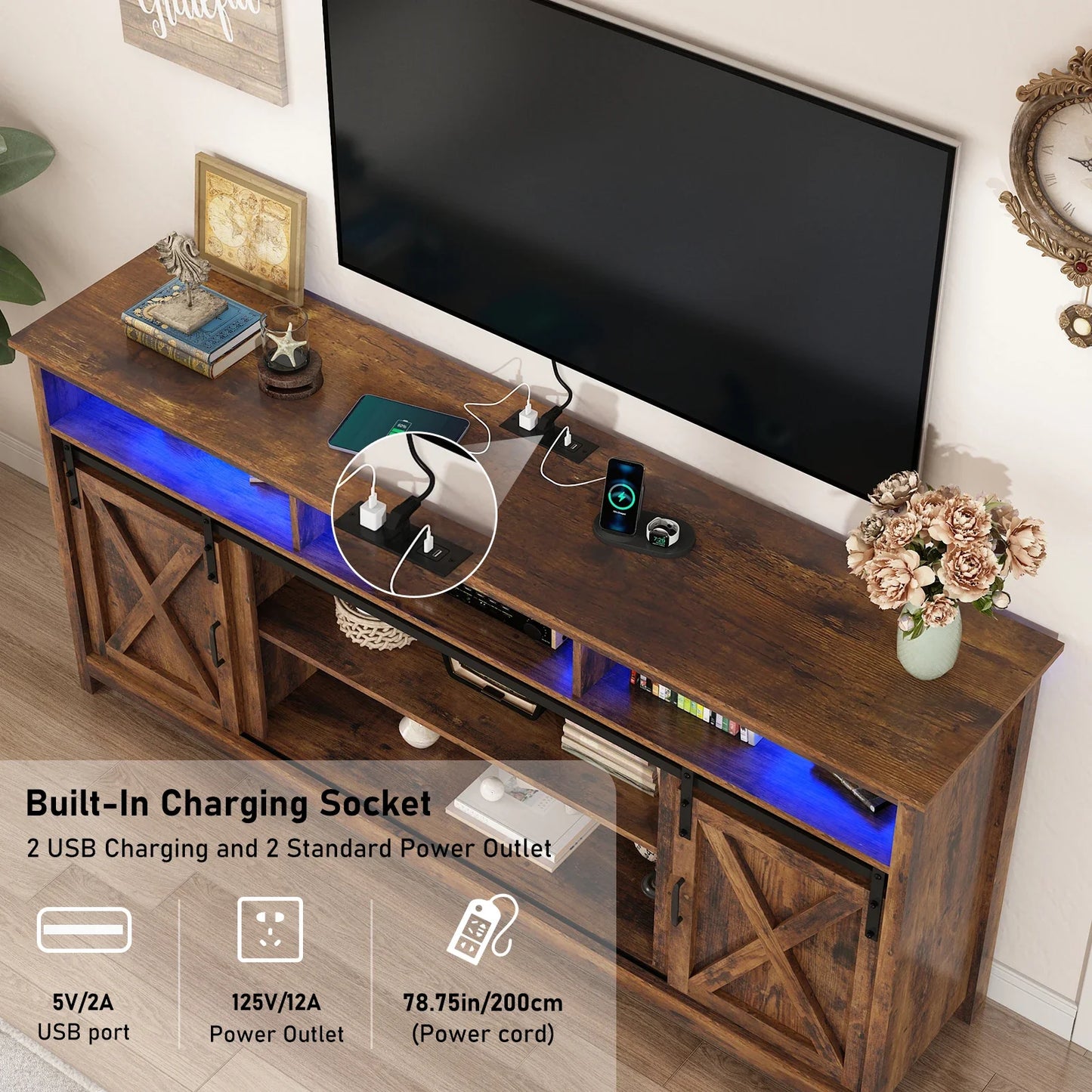 TV Stand Farmhouse Coffee Bar Cabinet Rustic Sliding Barn Door Cabinet with Power Outlet & LED Light