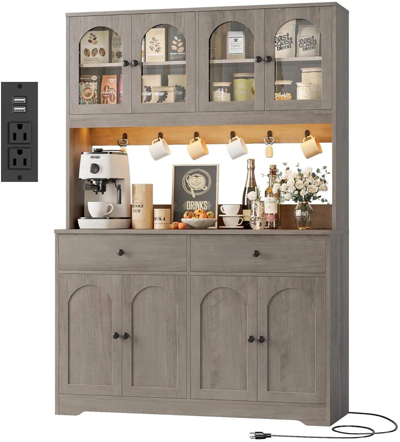 71" LED Kitchen Pantry Cabinet with Power Outlet, with Arched Door & Shelves