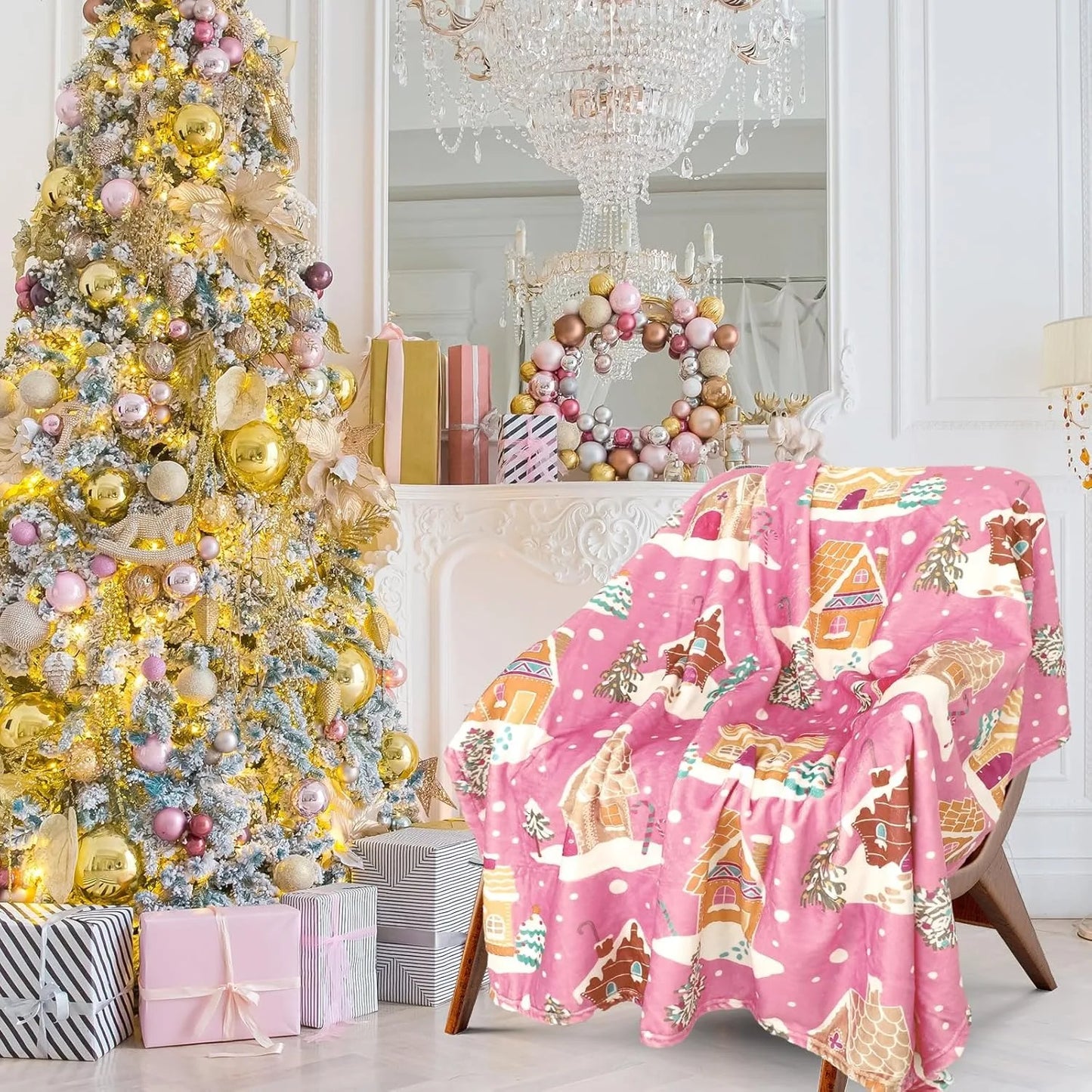 1pc Throw Pink Xmas Gingerbread House Flannel Blanket