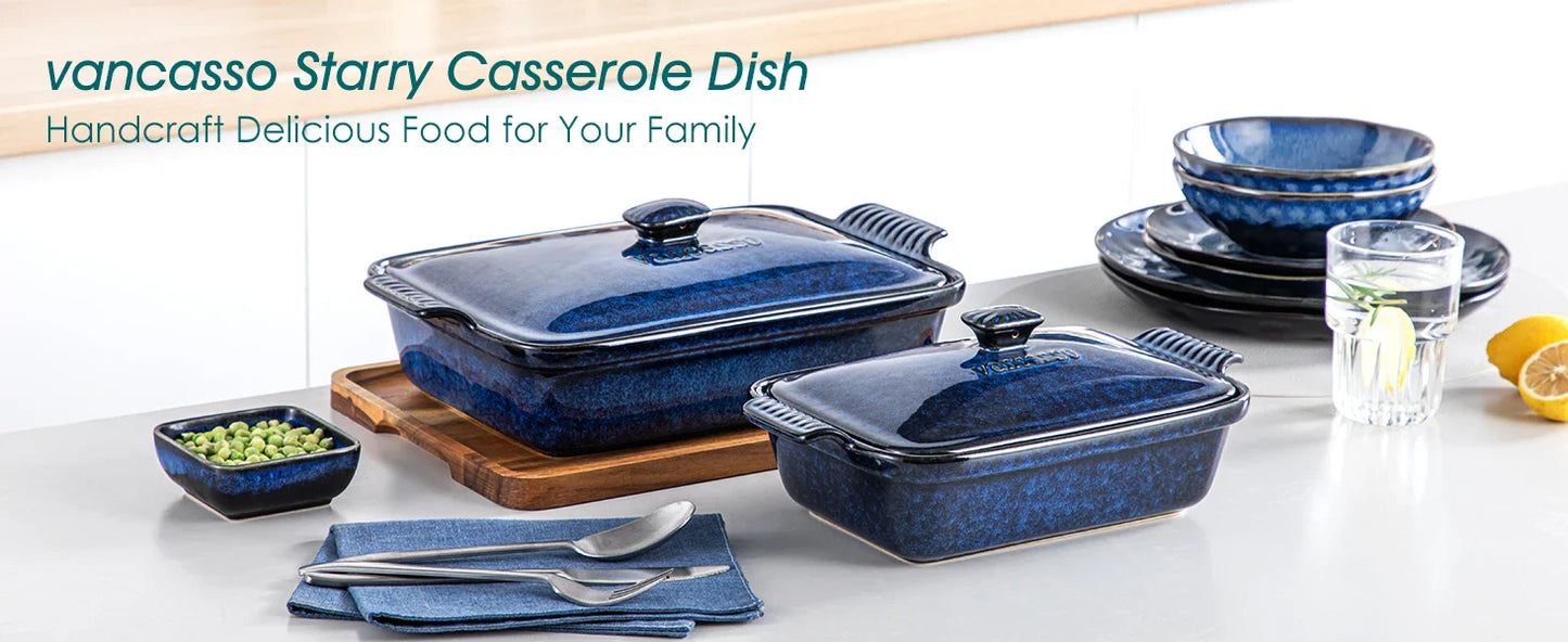vancasso Starry 3.8/1.9 Quart Blue Casserole Baking Dish with lid