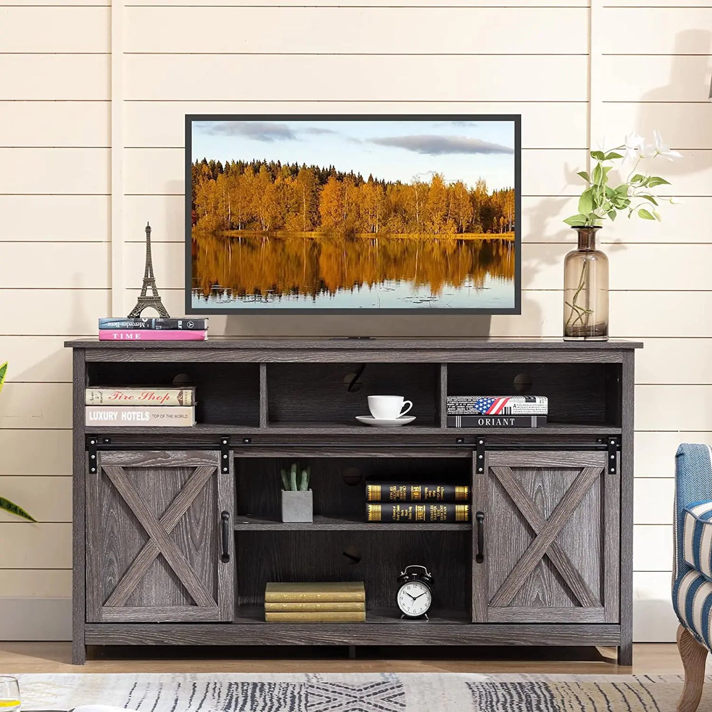 TV Stand Farmhouse Coffee Bar Cabinet Rustic Sliding Barn Door Cabinet with Power Outlet & LED Light