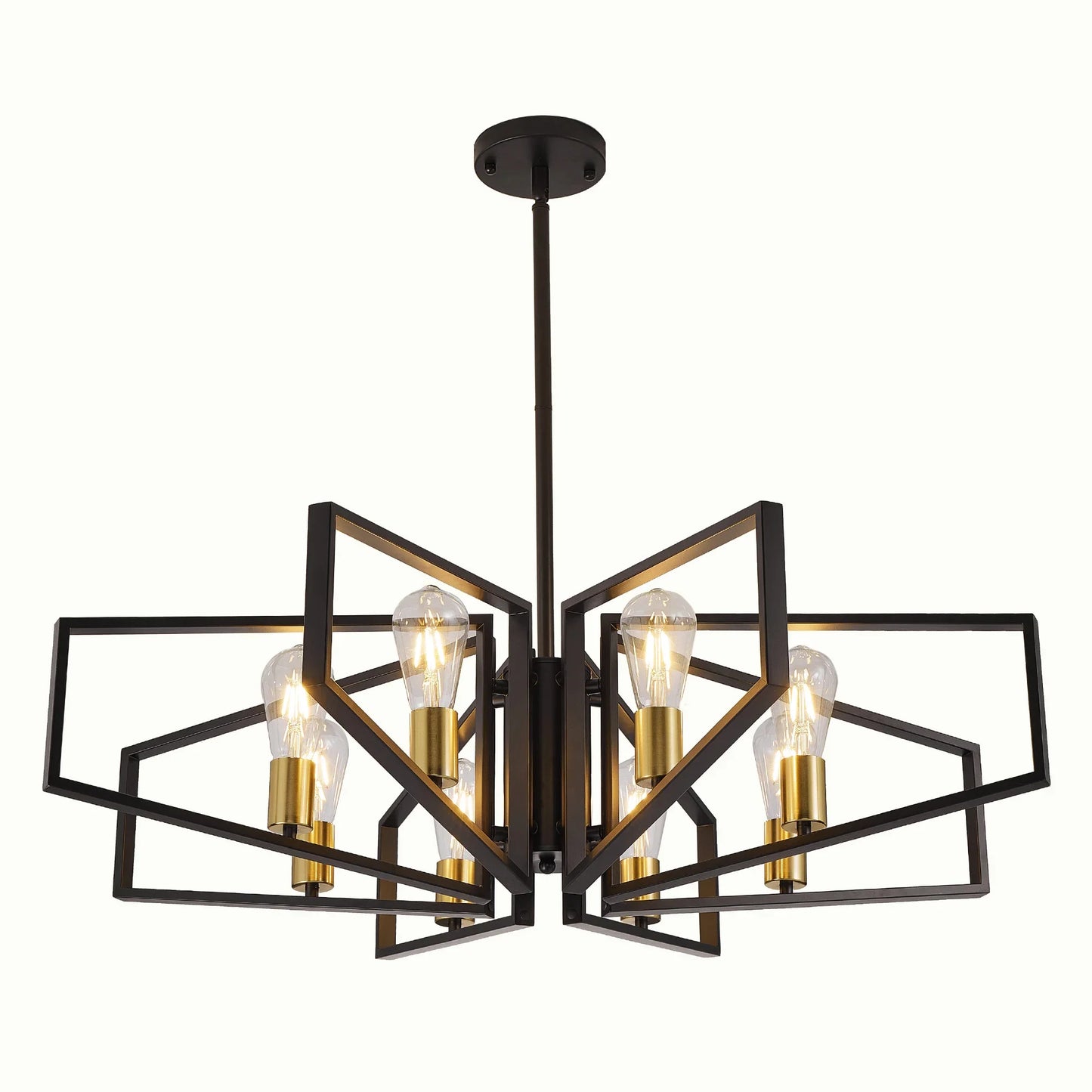 Modern 8-Light Geometric Chandelier Adjustable Height  Light with Black Frame & Golden Accents