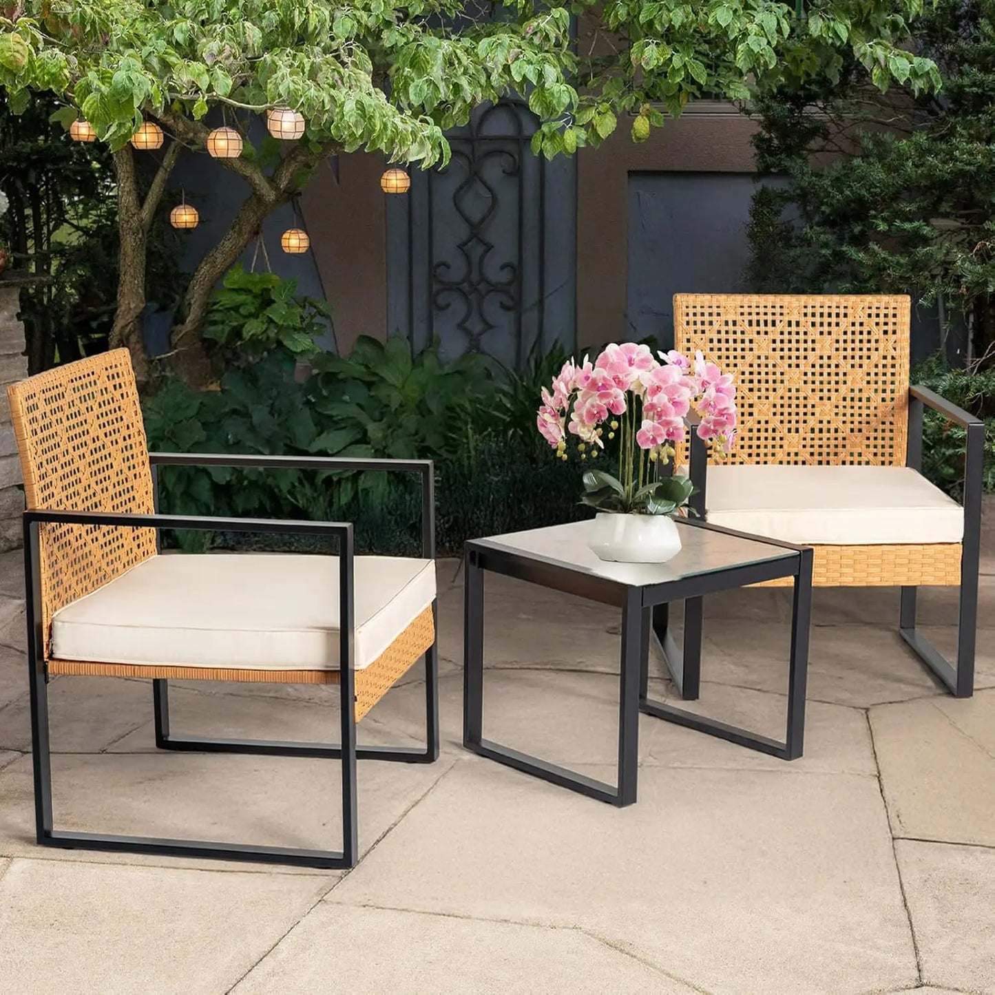 3 Piece Outdoor Wicker Bistro Set,  w/2 Large Rattan Chairs and Tempered Glass Table, Patio Furniture