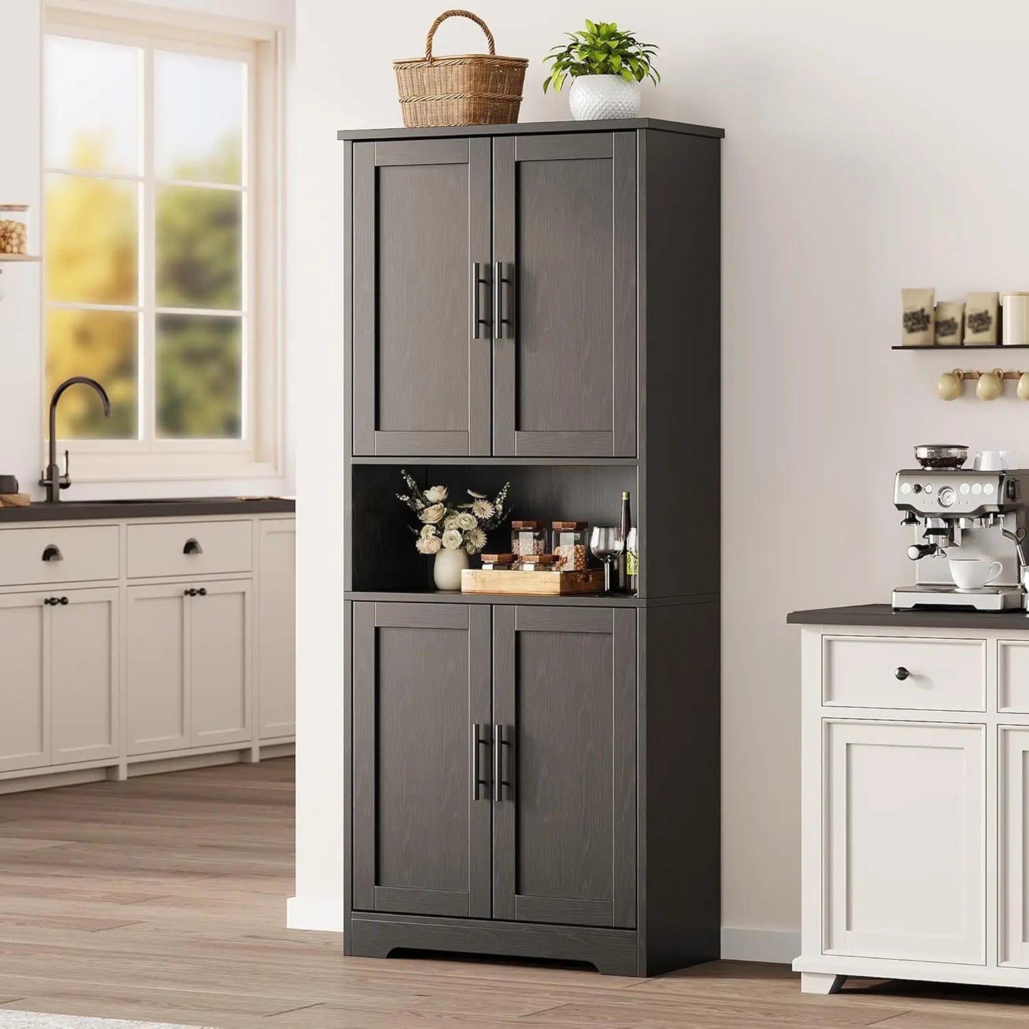 70 Inch Tall Kitchen Pantry Cabinet, Freestanding Storage Cabinet with 4 Doors and Adjustable Shelves,