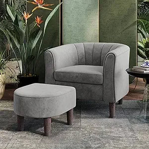 Accent Chair Ottoman Set: Chenille Barrel Chair with Foot Rest,  Upholstered