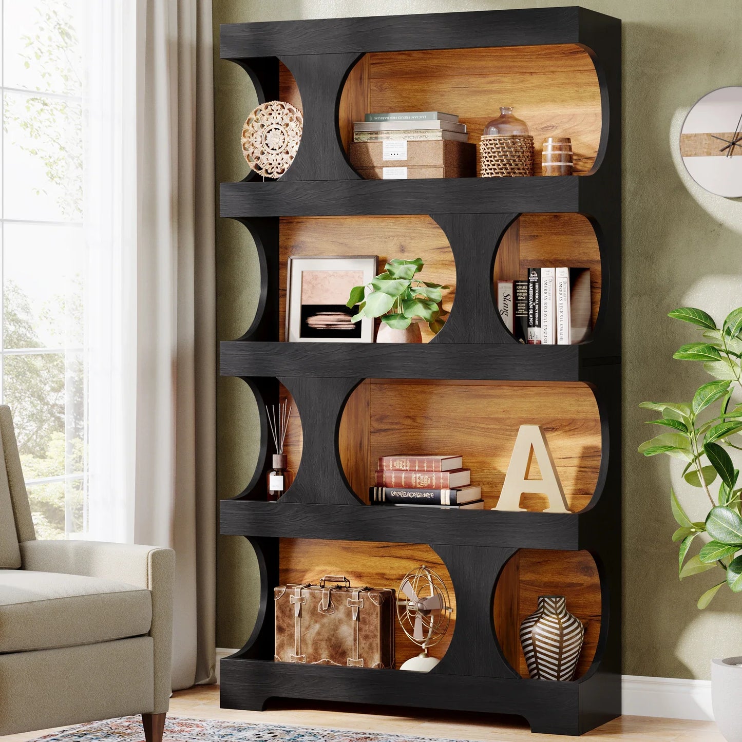 Tribesigns 71" Tall Bookcase, 4-Tier S-Shaped Bookshelf, Wood Modern Freestanding Display Shelves