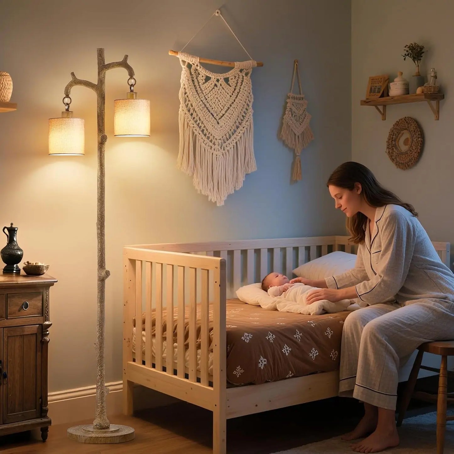 Rustic Farmhouse Floor Lamp with LED Bulbs - Tree Trunk Design for Living Room, Bedroom, Office Decor