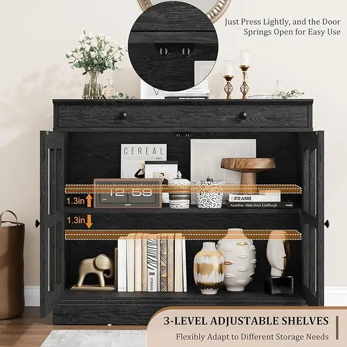 35.4" Oak Sideboard Buffet Cabinet with Glass Door & Drawer  Storage Buffets & Sideboards for Kitchen