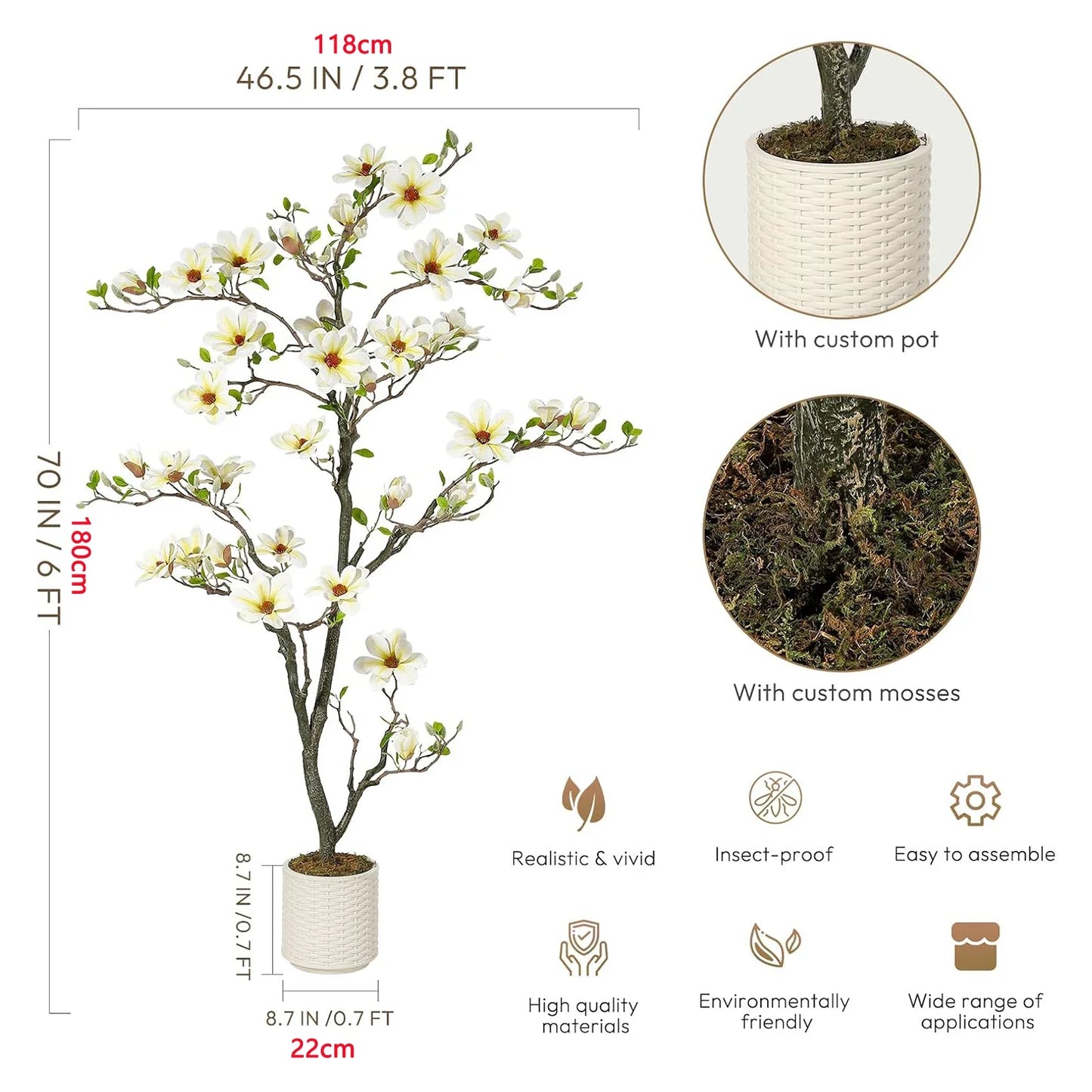 Artificial Magnolia Plant Faux Flower Trees  with LED Light for Yard Patio Home