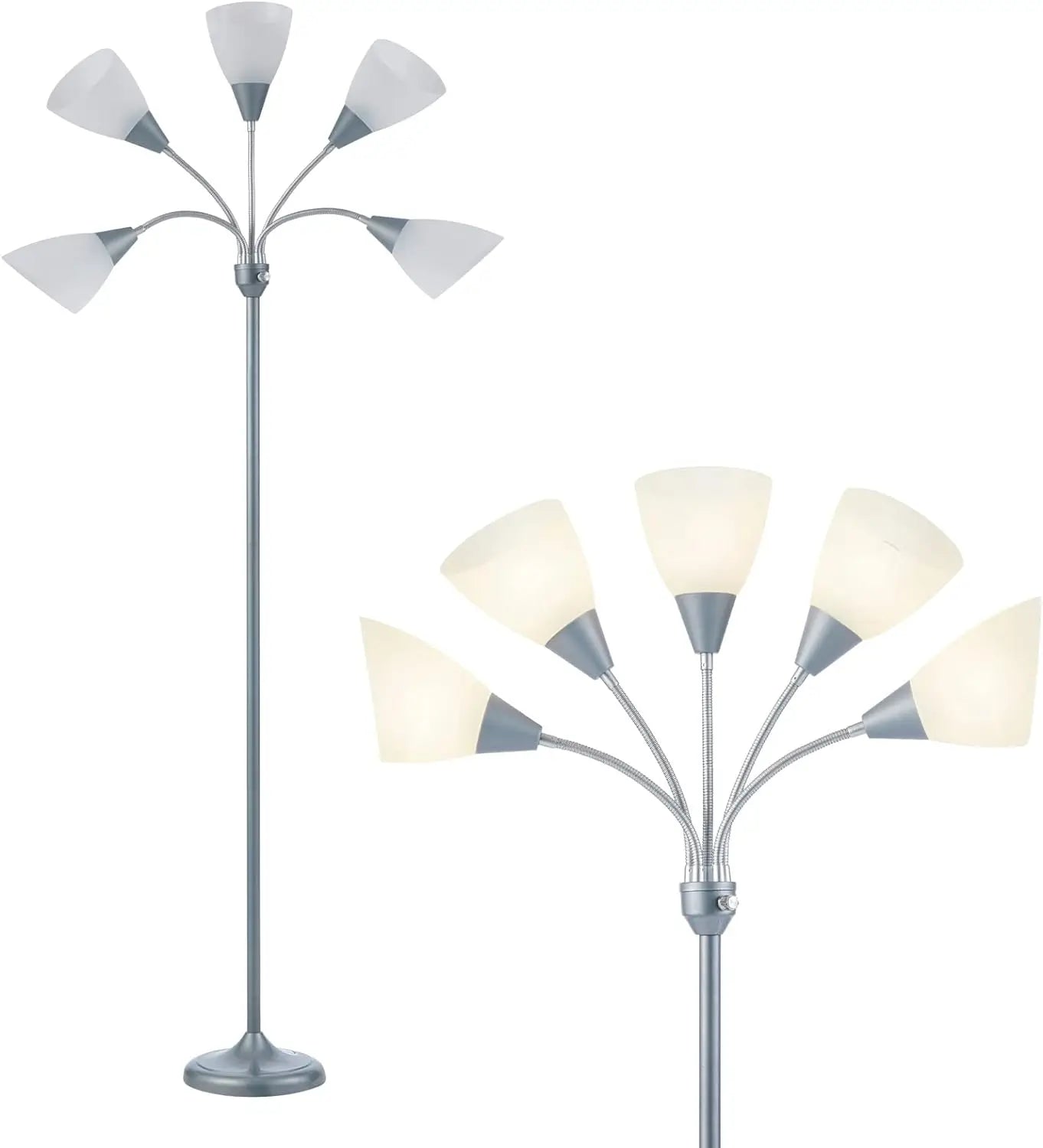 Medusa 5-Head Adjustable Floor Lamp, Large Shade, Silver, Living Room Bedroom Reading Light