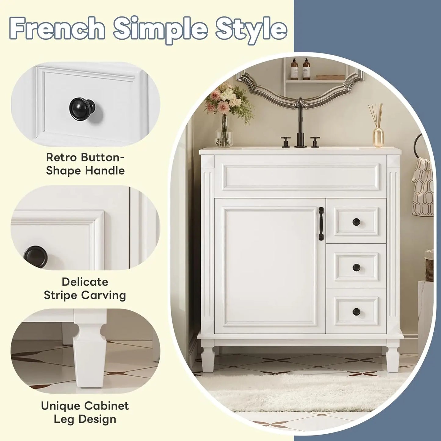 30" Bathroom Vanity with Sink Modern Storage Cabinet Single Door Two Drawers Solid Wood Frame