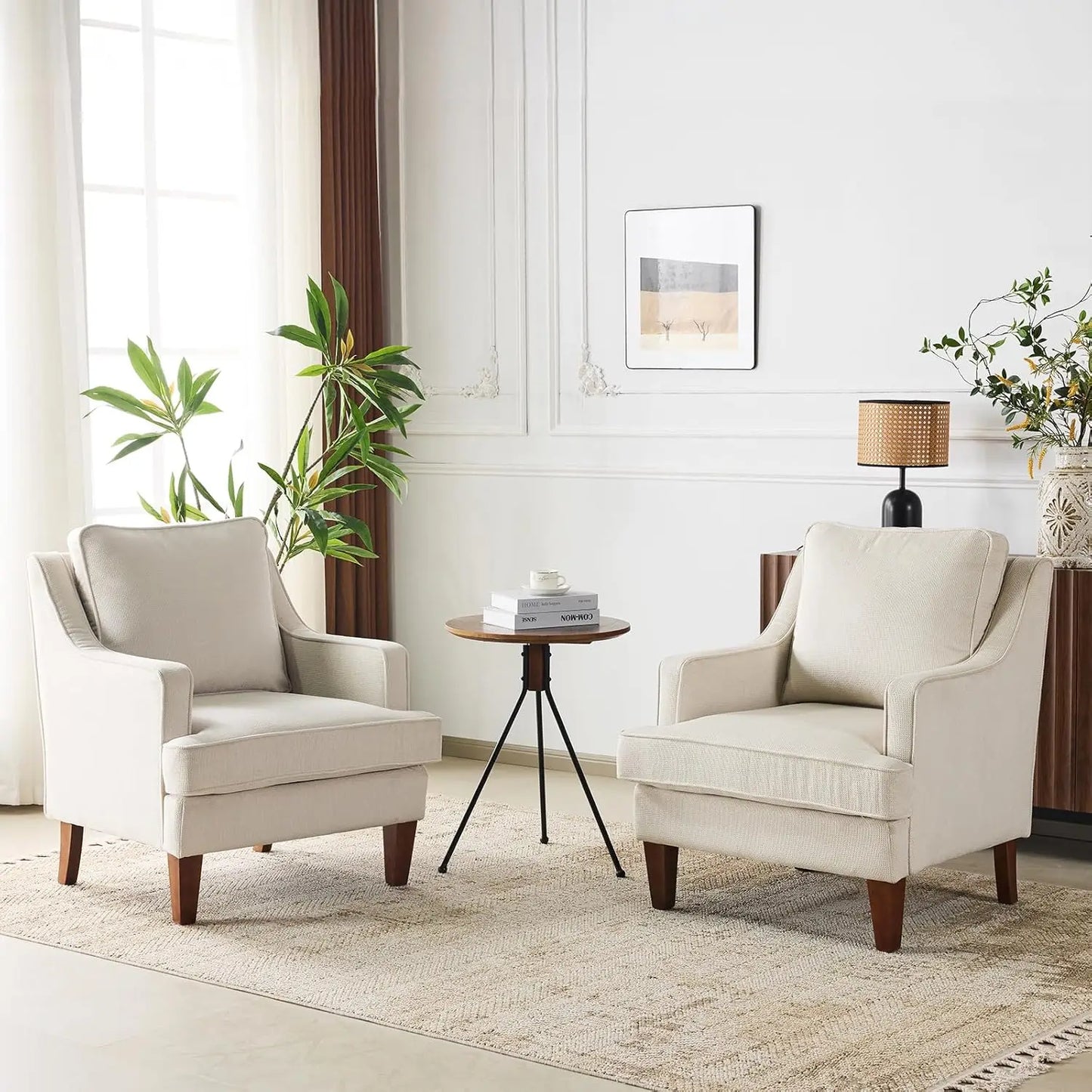 Mid-Century Modern Accent Chairs Set of 2, Light Brown Upholstered Armchair