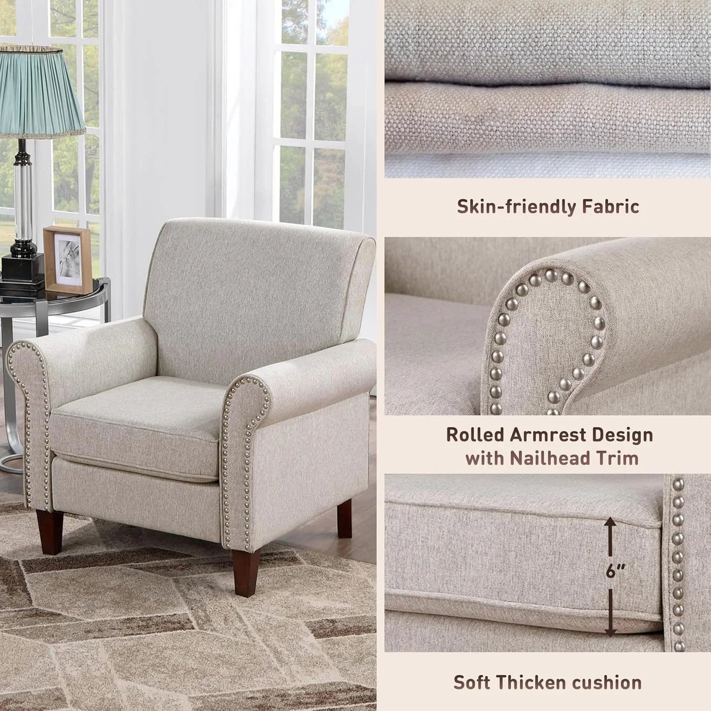 Upholstered Living Room Chair Set of 2 - Large Comfy Fabric Accent Chair