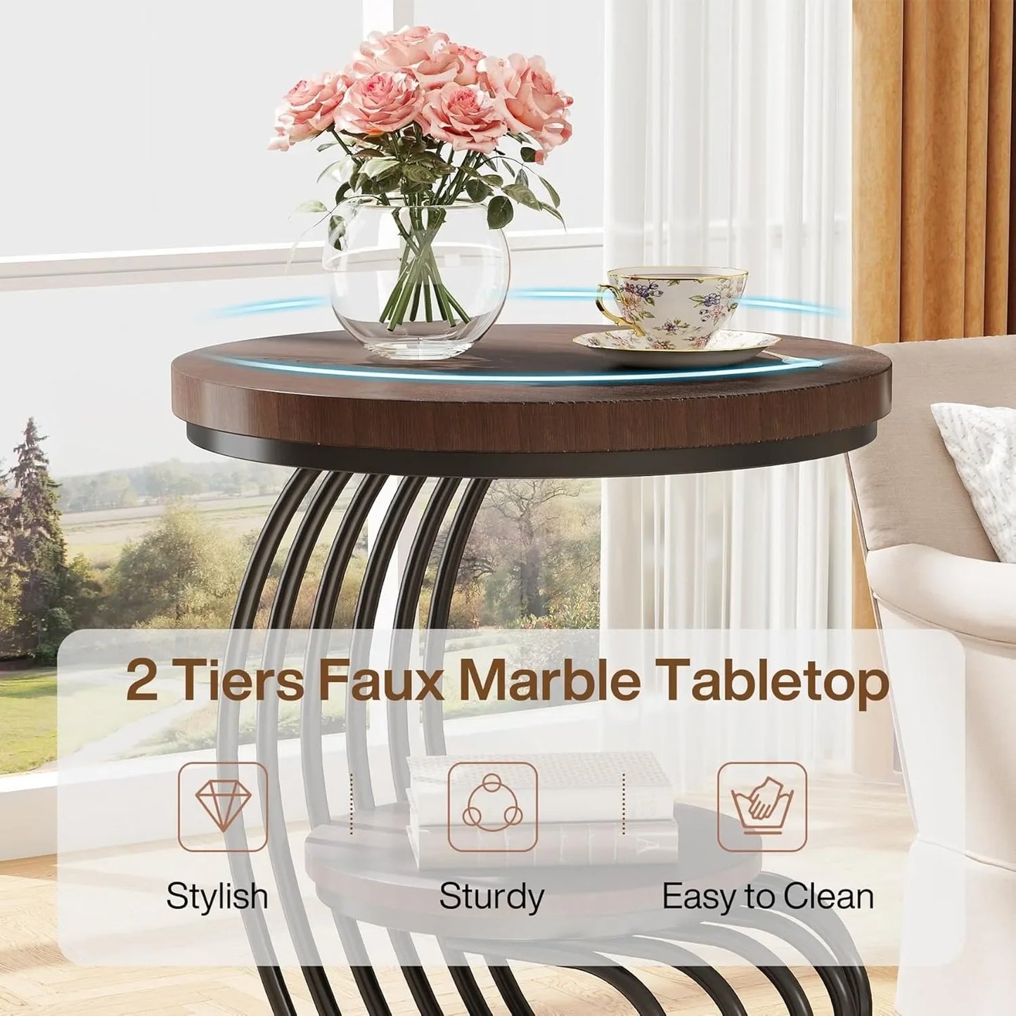 Round End Side Table: Side  Small Bedside Table Accent Table with Arc-Shaped Frame