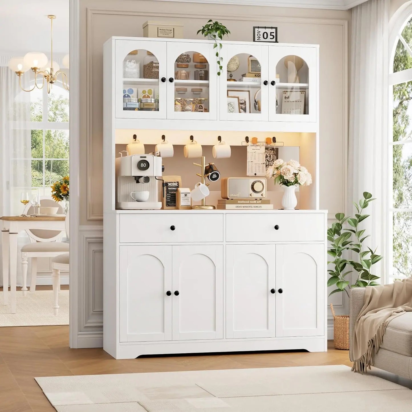 71" LED Kitchen Pantry Cabinet with Power Outlet, with Arched Door & Shelves