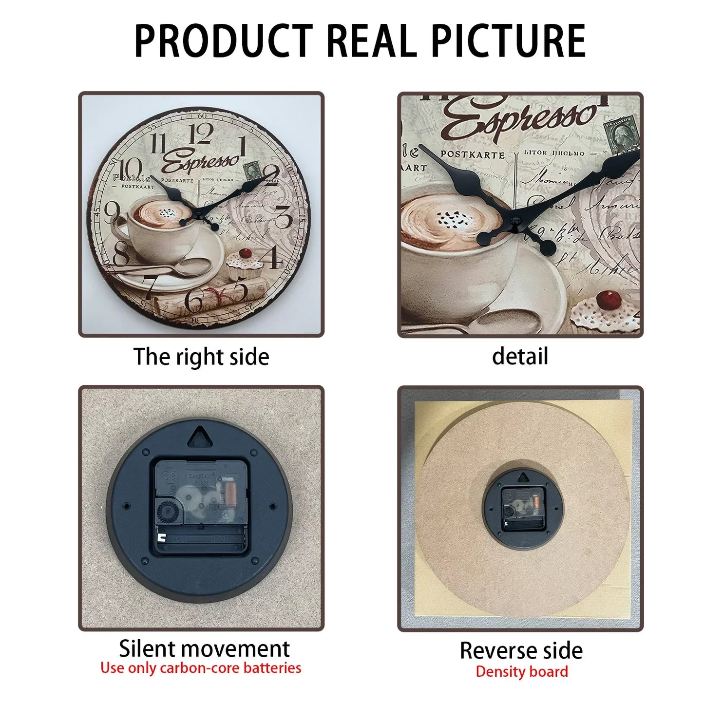 European Retro Coffee Cup Pattern Wooden Wall Clock for Kitchen, Home Decoration, Silent Quartz Clock,